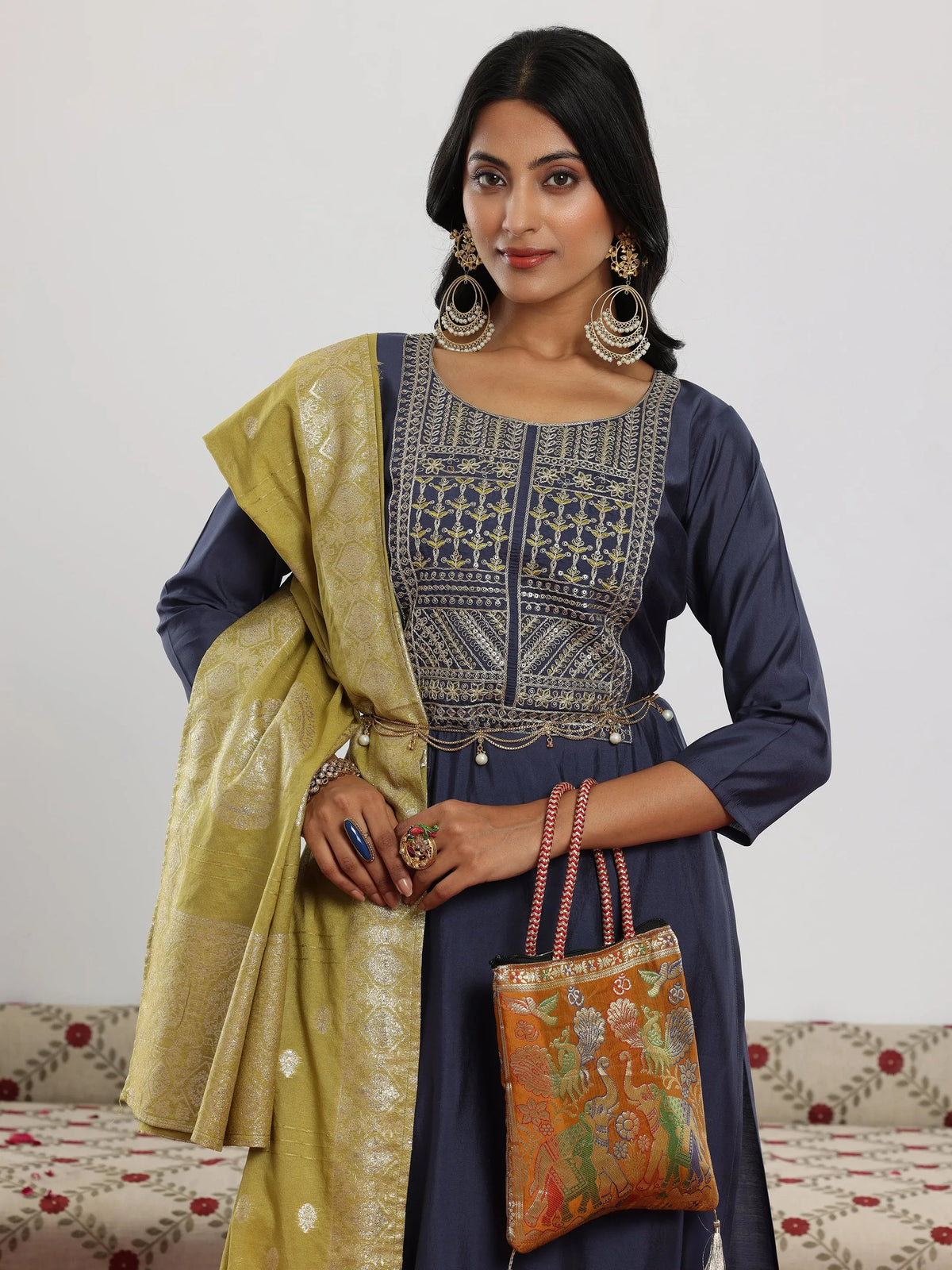 Anouk Blue Yoke Design Silk Blend Straight Suit With Dupatta