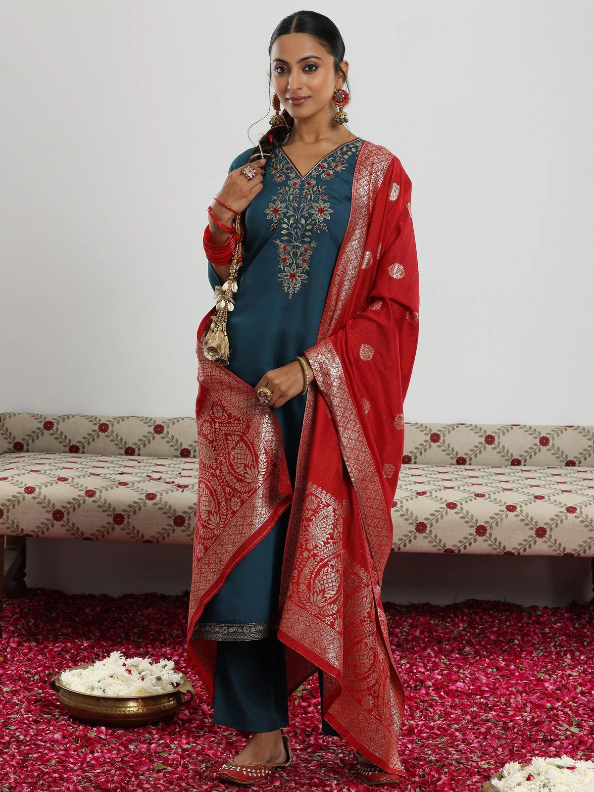 Anouk Teal Yoke Design Silk Blend Straight Suit With Dupatta