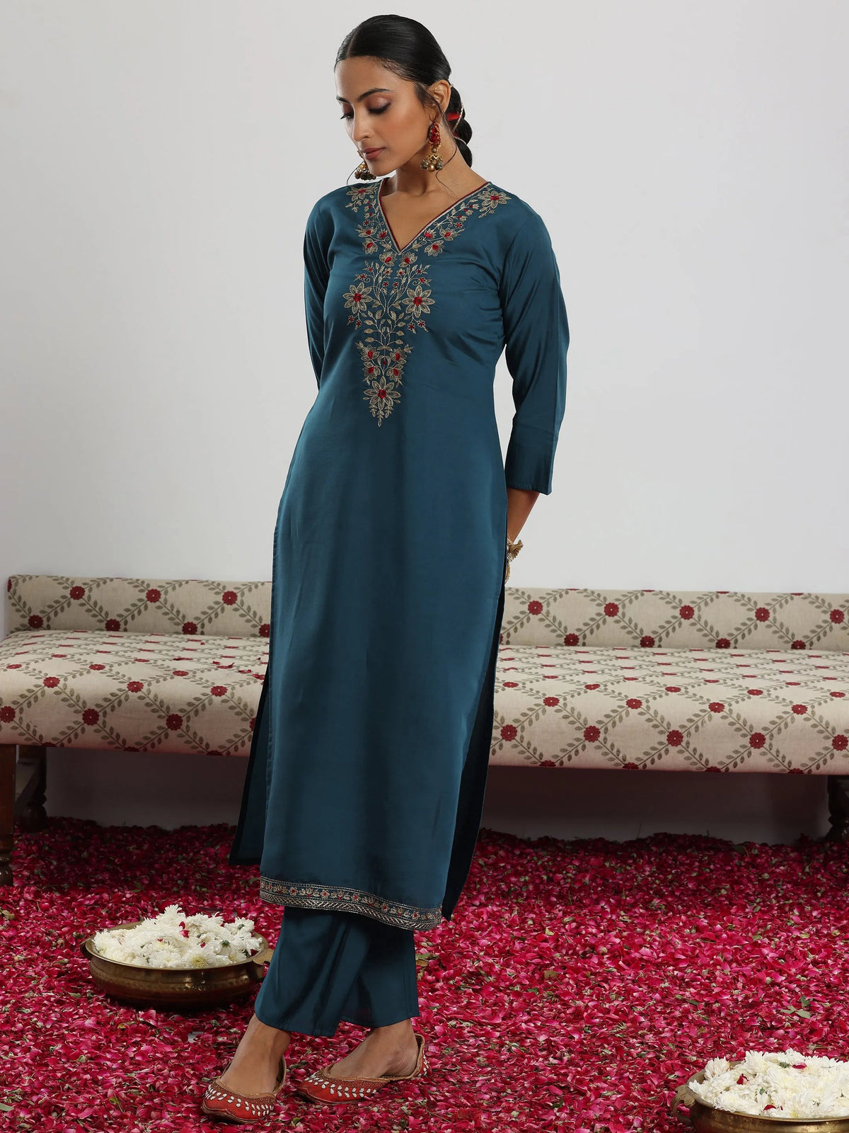 Anouk Teal Yoke Design Silk Blend Straight Suit With Dupatta