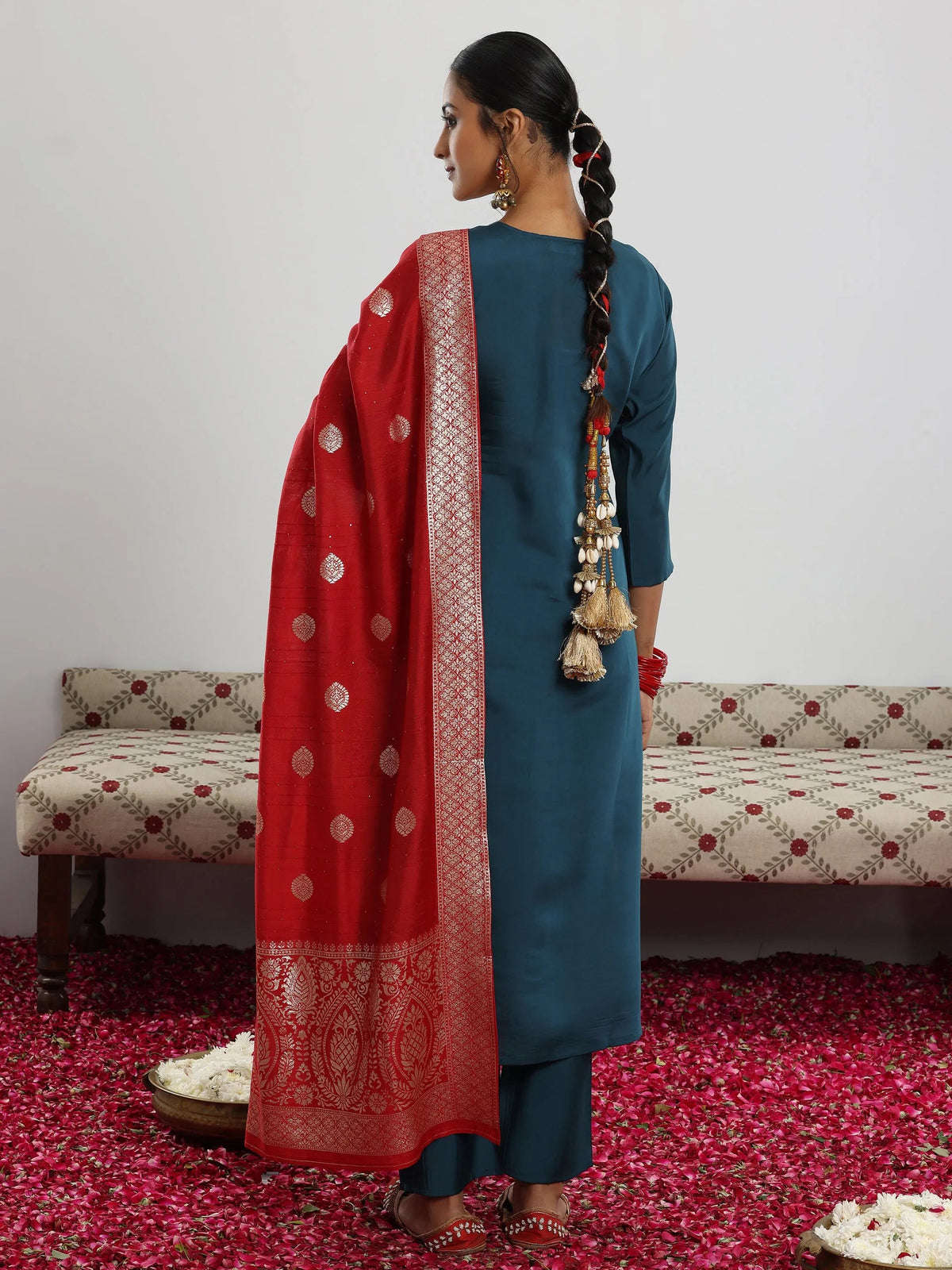 Anouk Teal Yoke Design Silk Blend Straight Suit With Dupatta