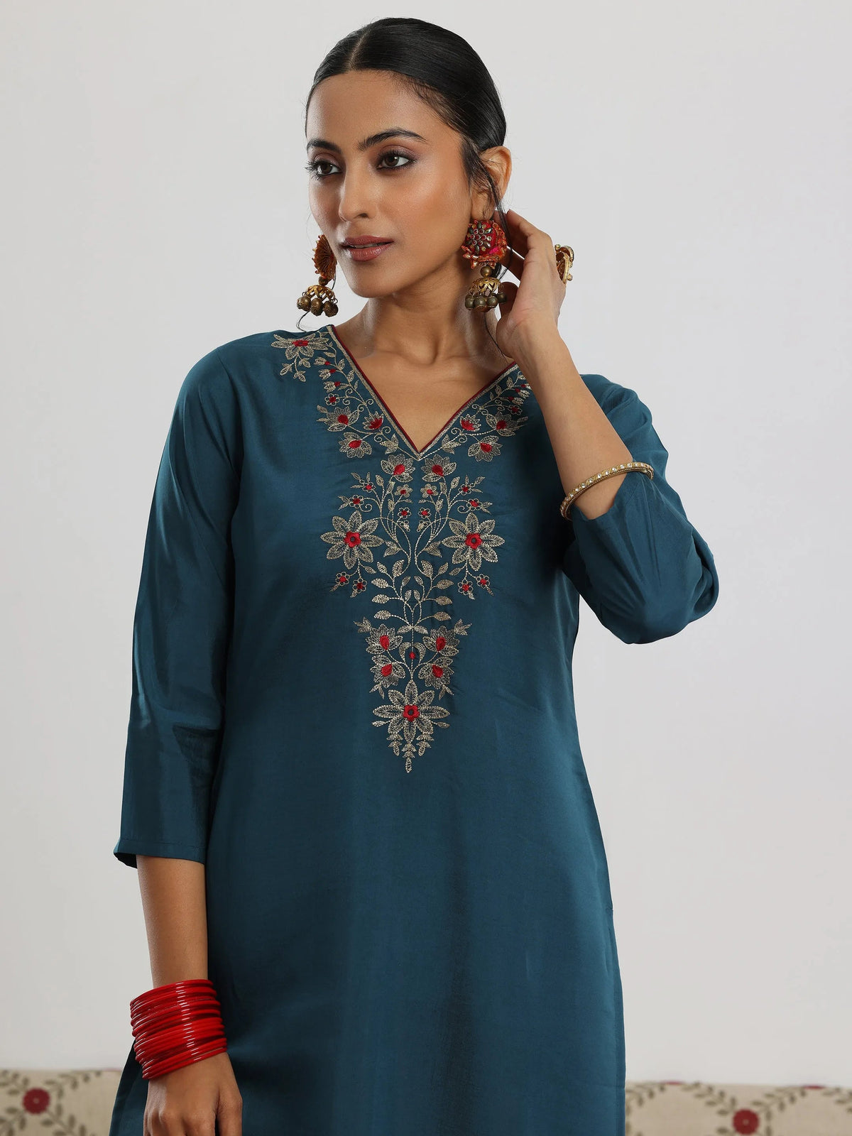 Anouk Teal Yoke Design Silk Blend Straight Suit With Dupatta