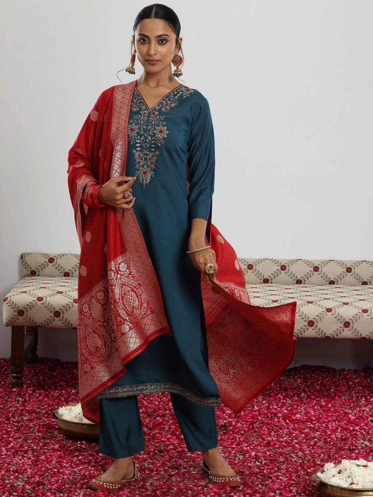 Anouk Teal Yoke Design Silk Blend Straight Suit With Dupatta