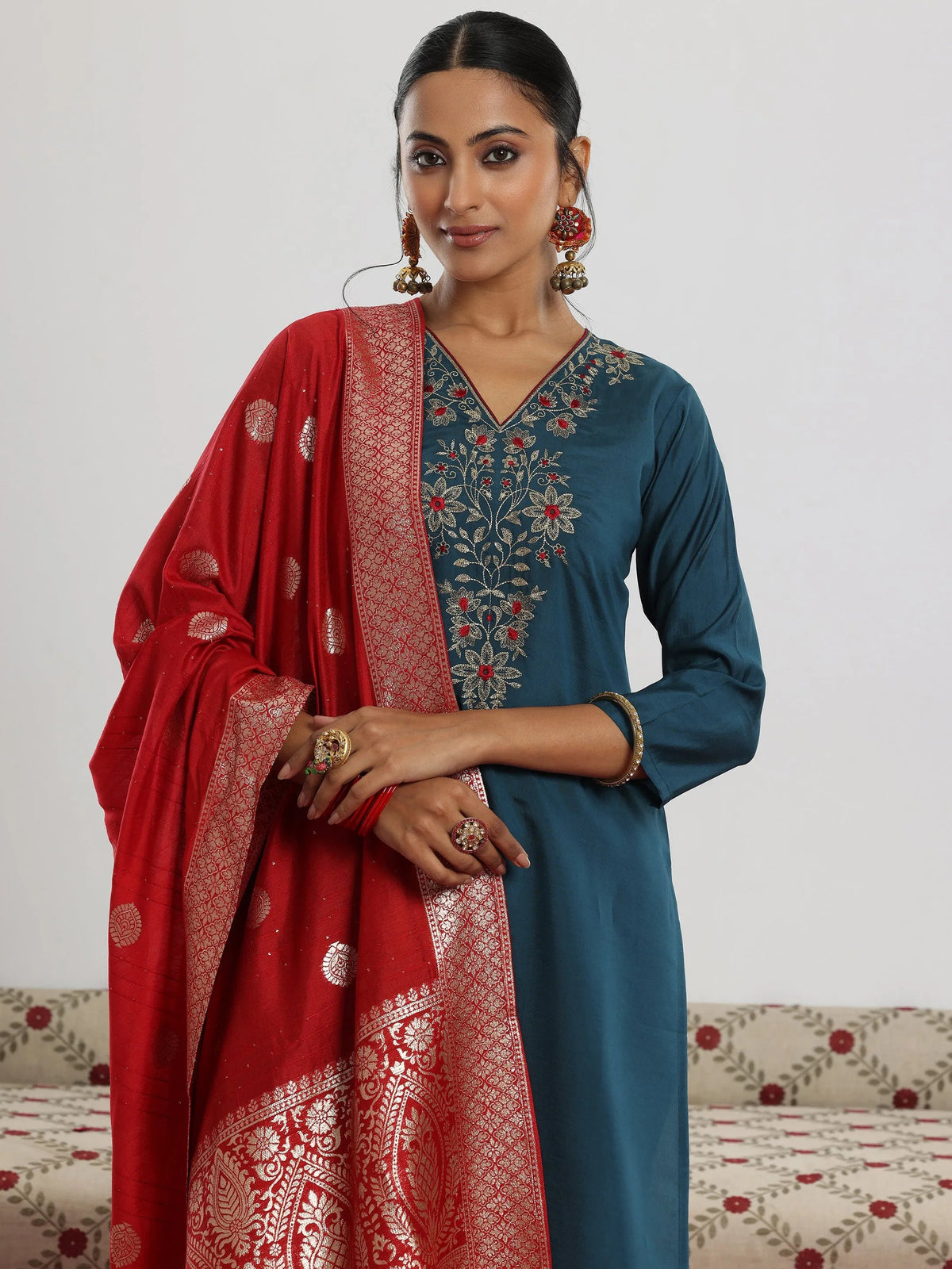 Anouk Teal Yoke Design Silk Blend Straight Suit With Dupatta
