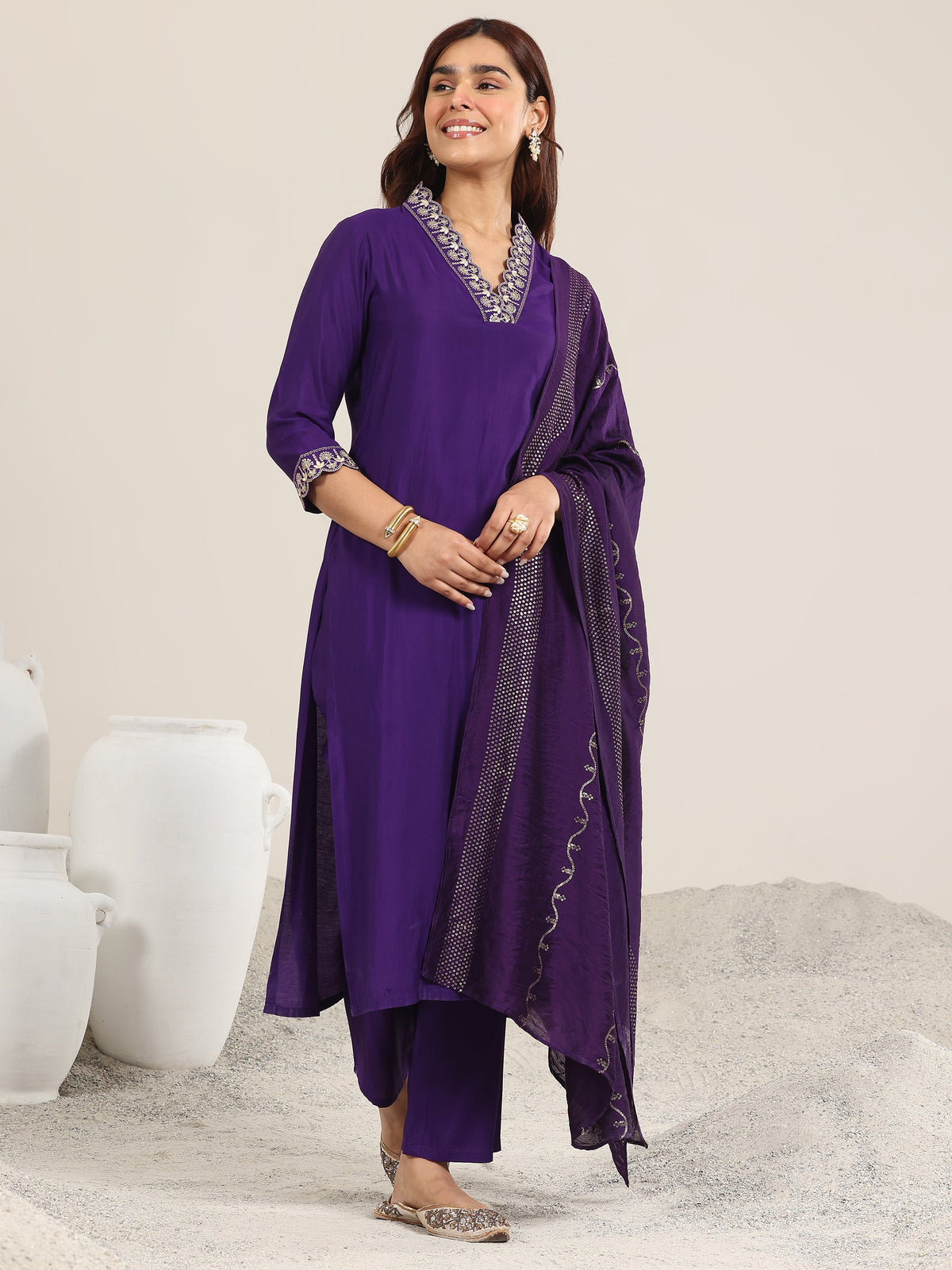 Anouk Purple Yoke Design Silk Blend Straight Suit With Dupatta