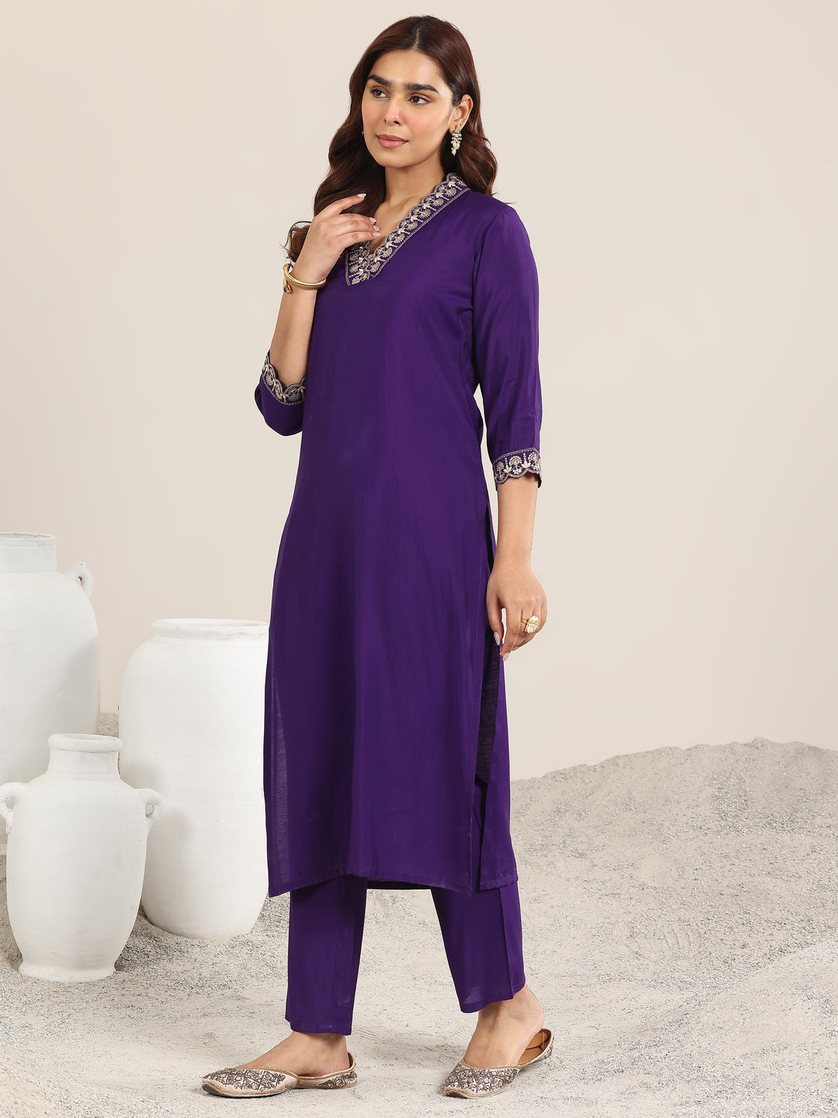 Anouk Purple Yoke Design Silk Blend Straight Suit With Dupatta