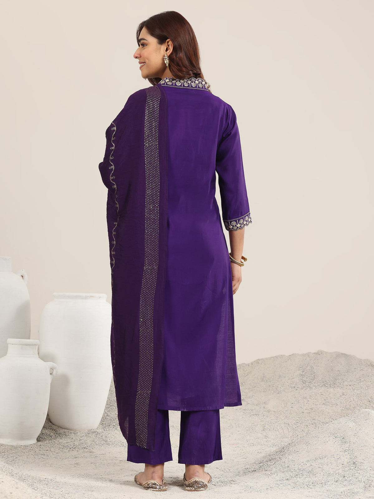 Anouk Purple Yoke Design Silk Blend Straight Suit With Dupatta