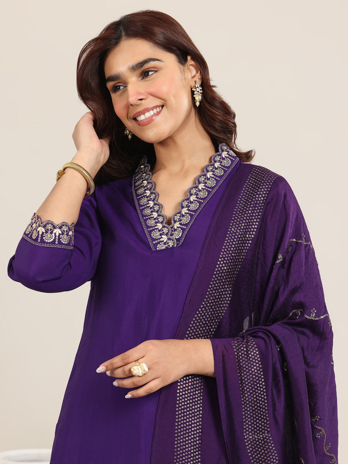 Anouk Purple Yoke Design Silk Blend Straight Suit With Dupatta