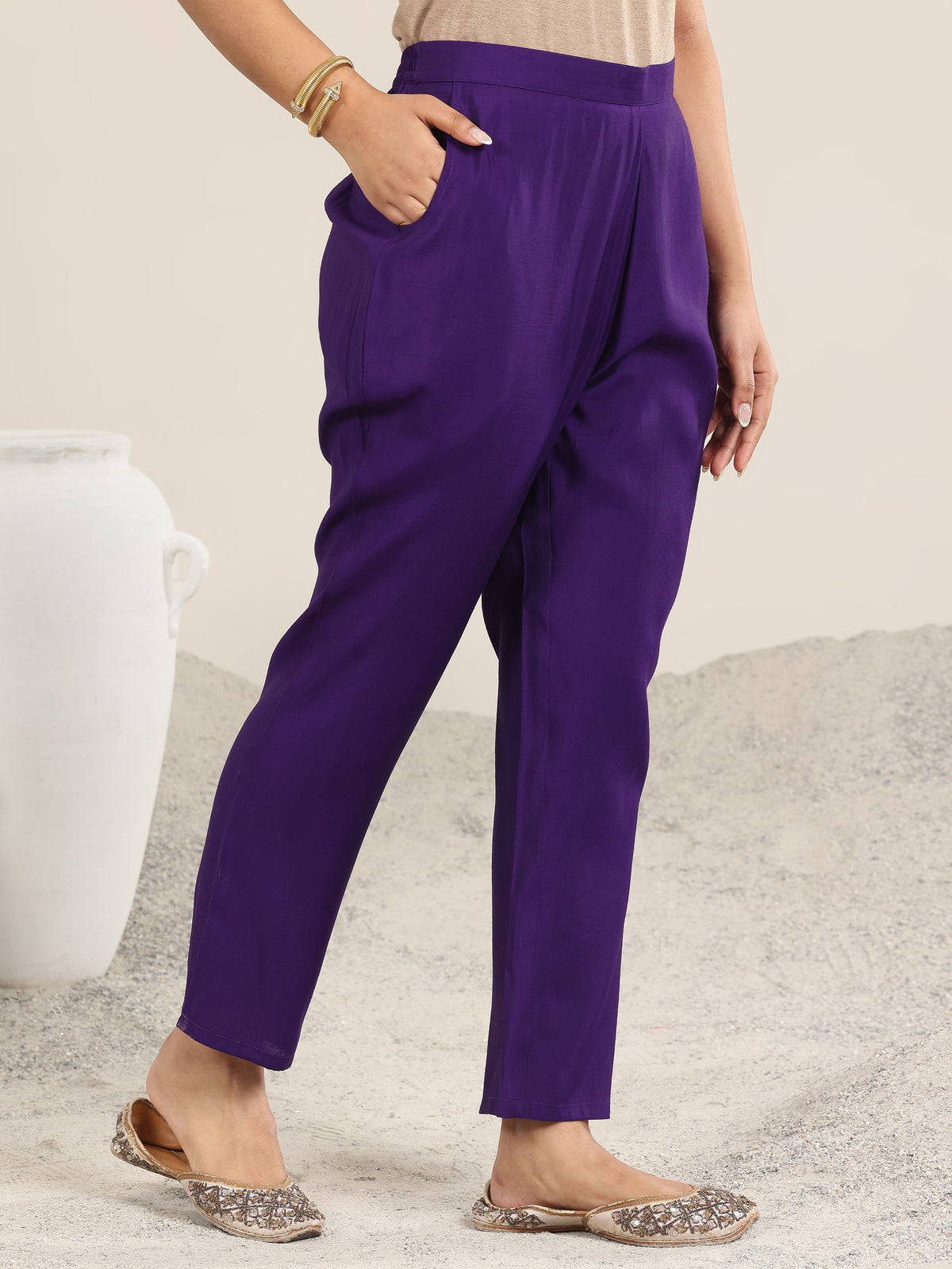 Anouk Purple Yoke Design Silk Blend Straight Suit With Dupatta