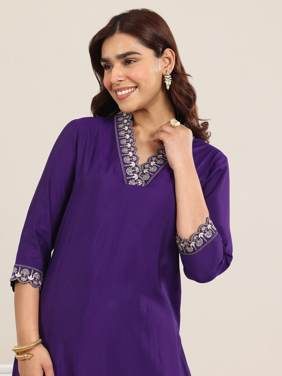 Anouk Purple Yoke Design Silk Blend Straight Suit With Dupatta