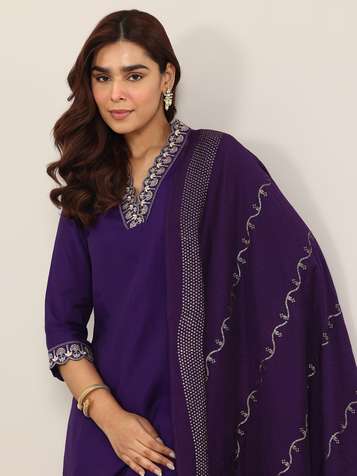 Anouk Purple Yoke Design Silk Blend Straight Suit With Dupatta