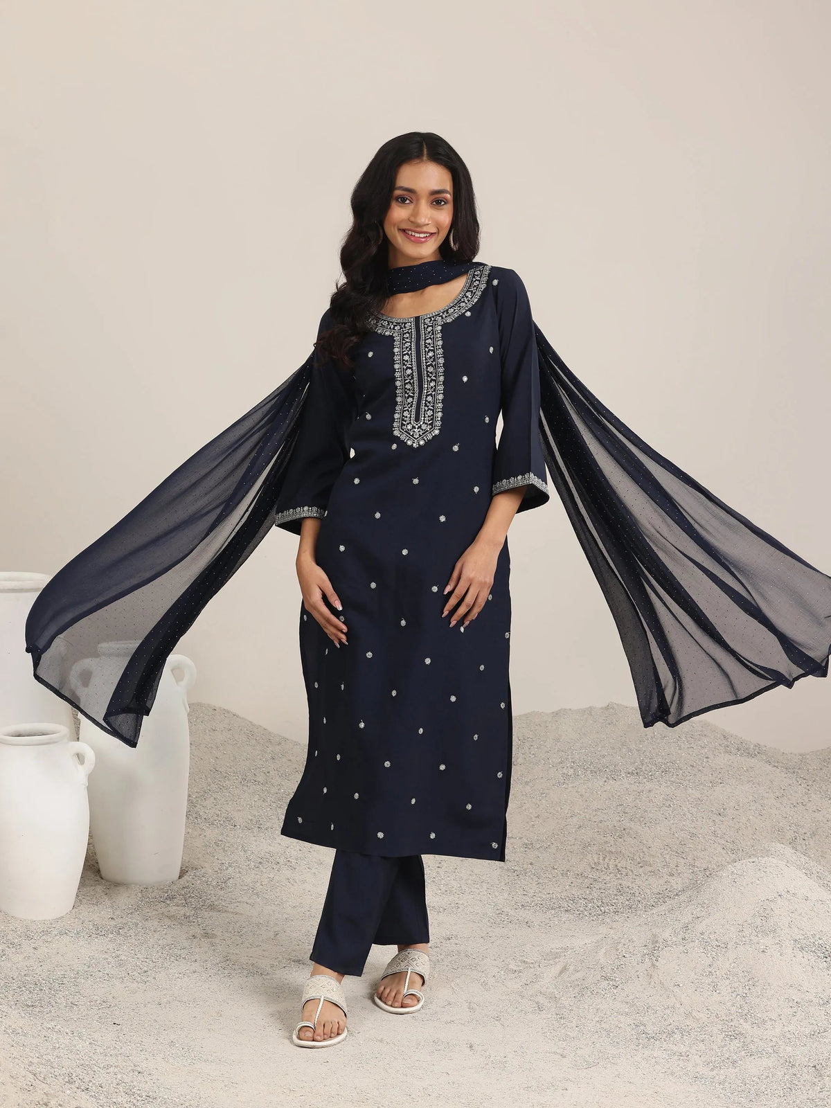 Anouk Navy Embroidered Silk Blend Straight Suits With Dupatta