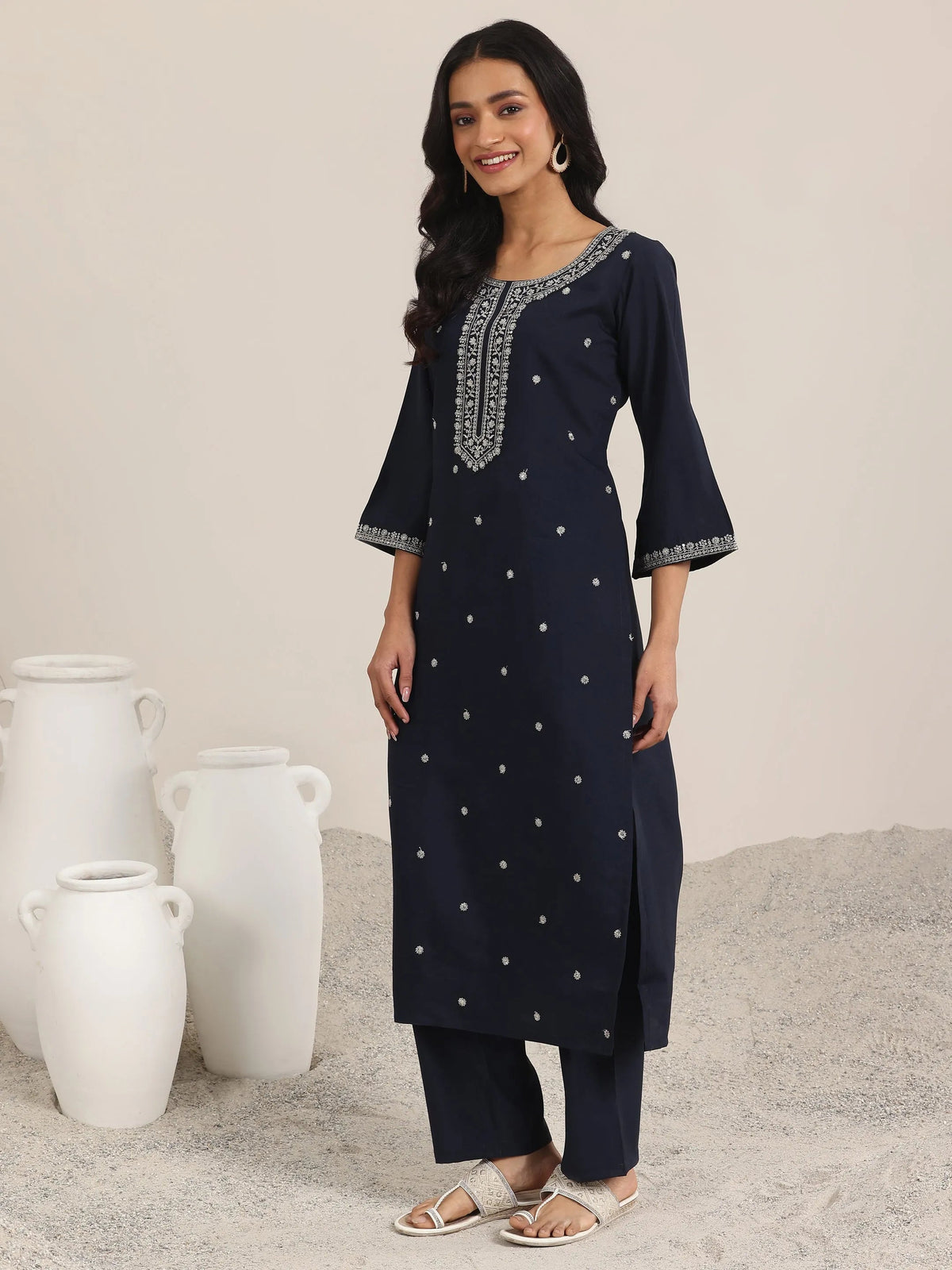 Anouk Navy Embroidered Silk Blend Straight Suits With Dupatta