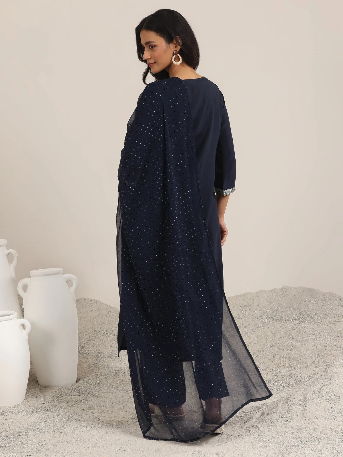 Anouk Navy Embroidered Silk Blend Straight Suits With Dupatta