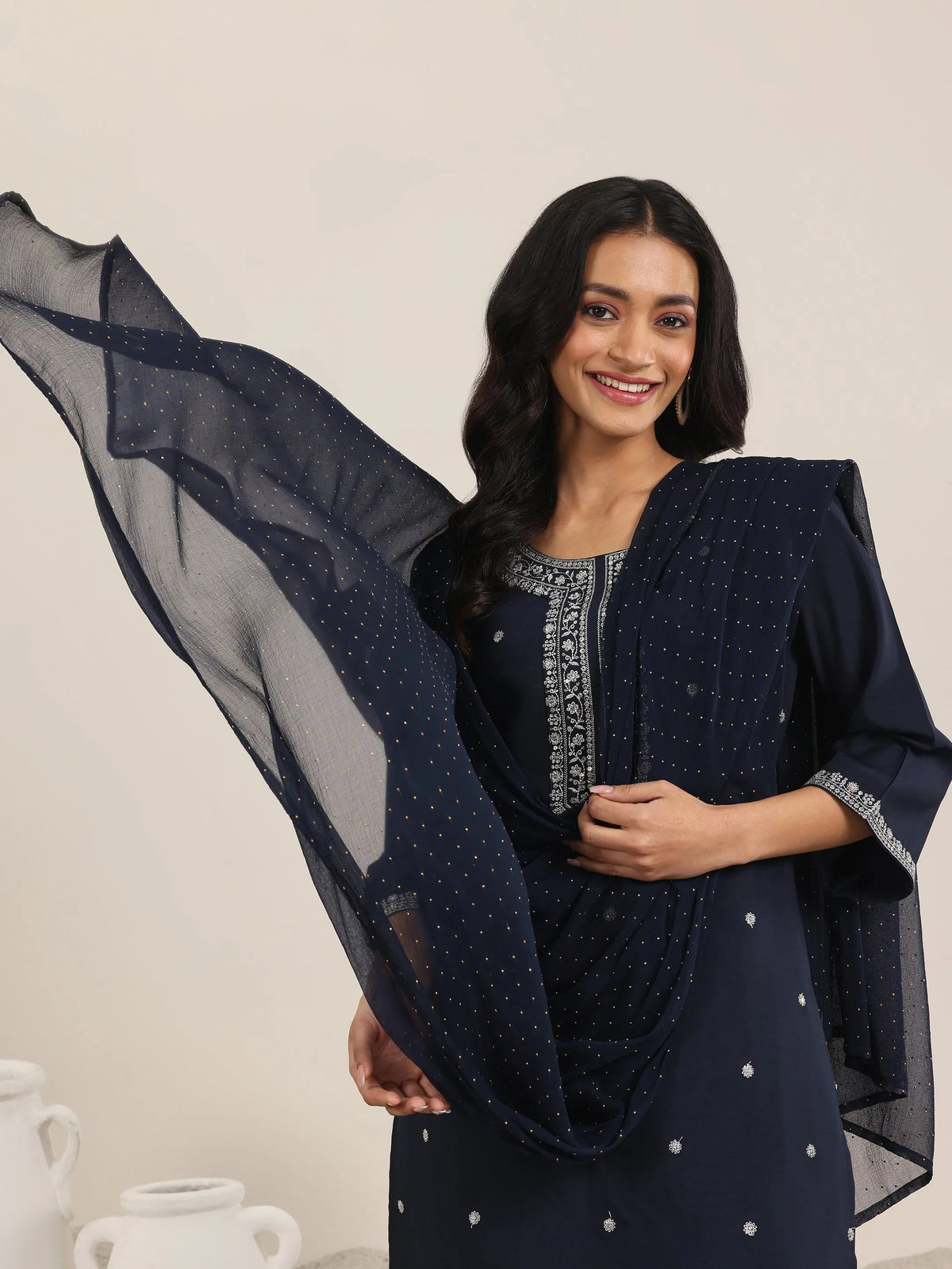 Anouk Navy Embroidered Silk Blend Straight Suits With Dupatta