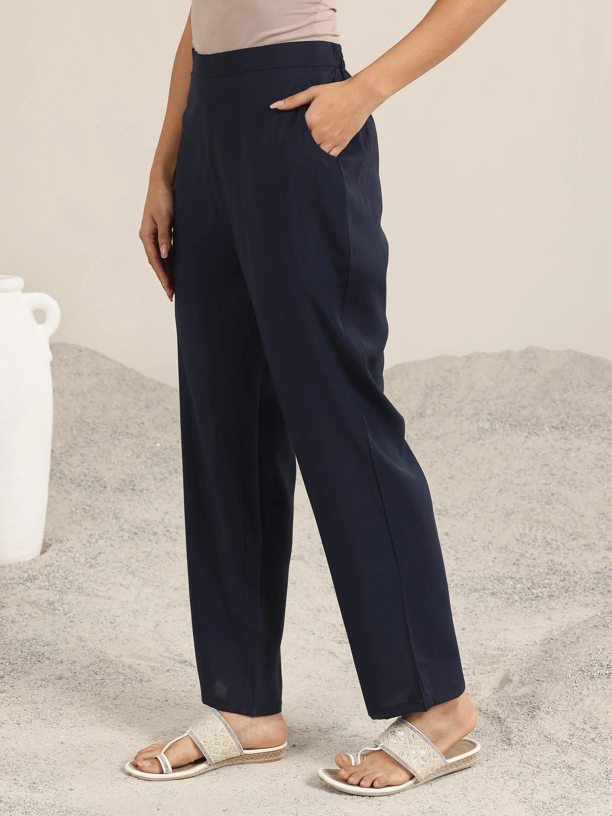 Anouk Navy Embroidered Silk Blend Straight Suits With Dupatta