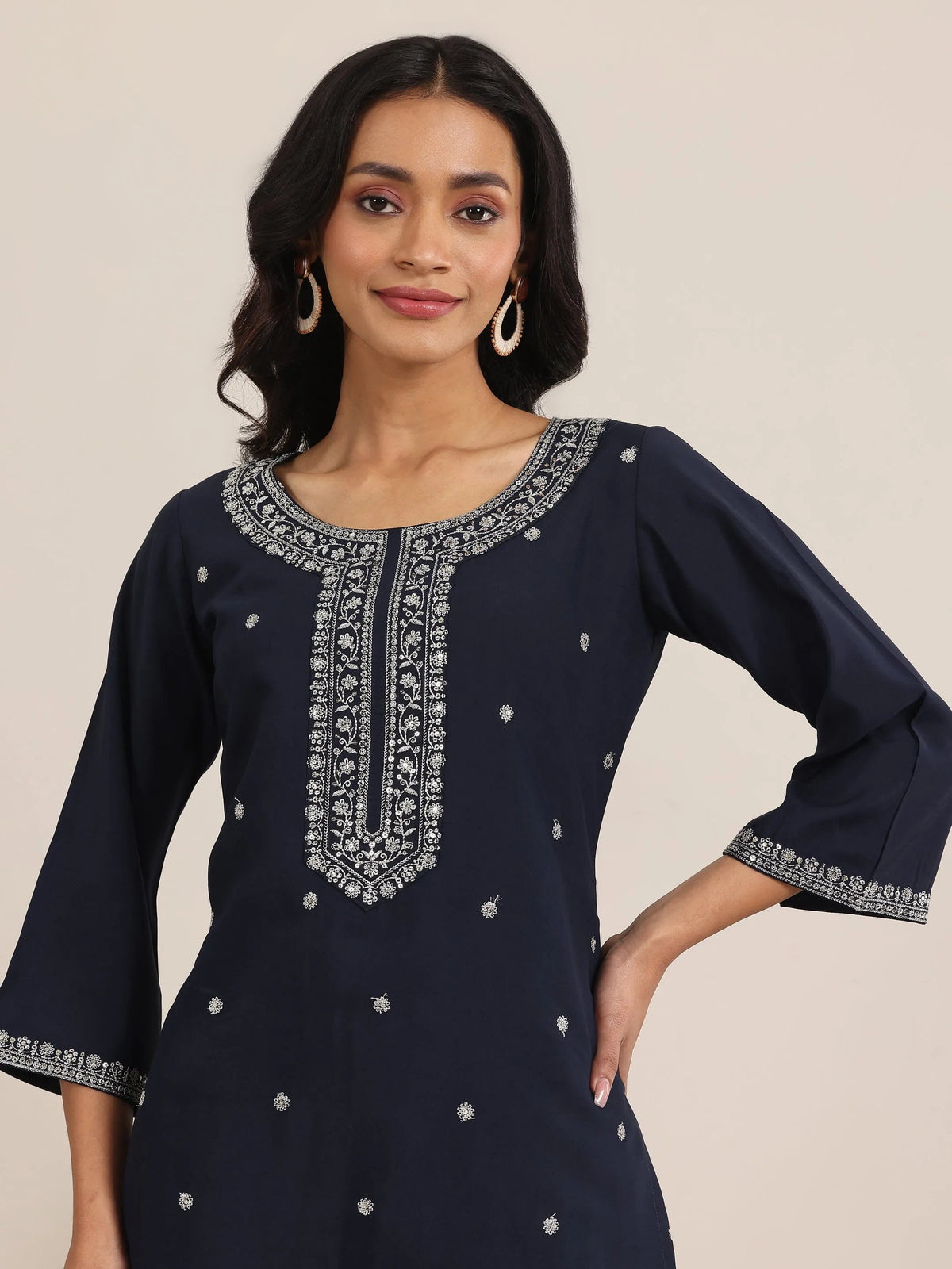 Anouk Navy Embroidered Silk Blend Straight Suits With Dupatta