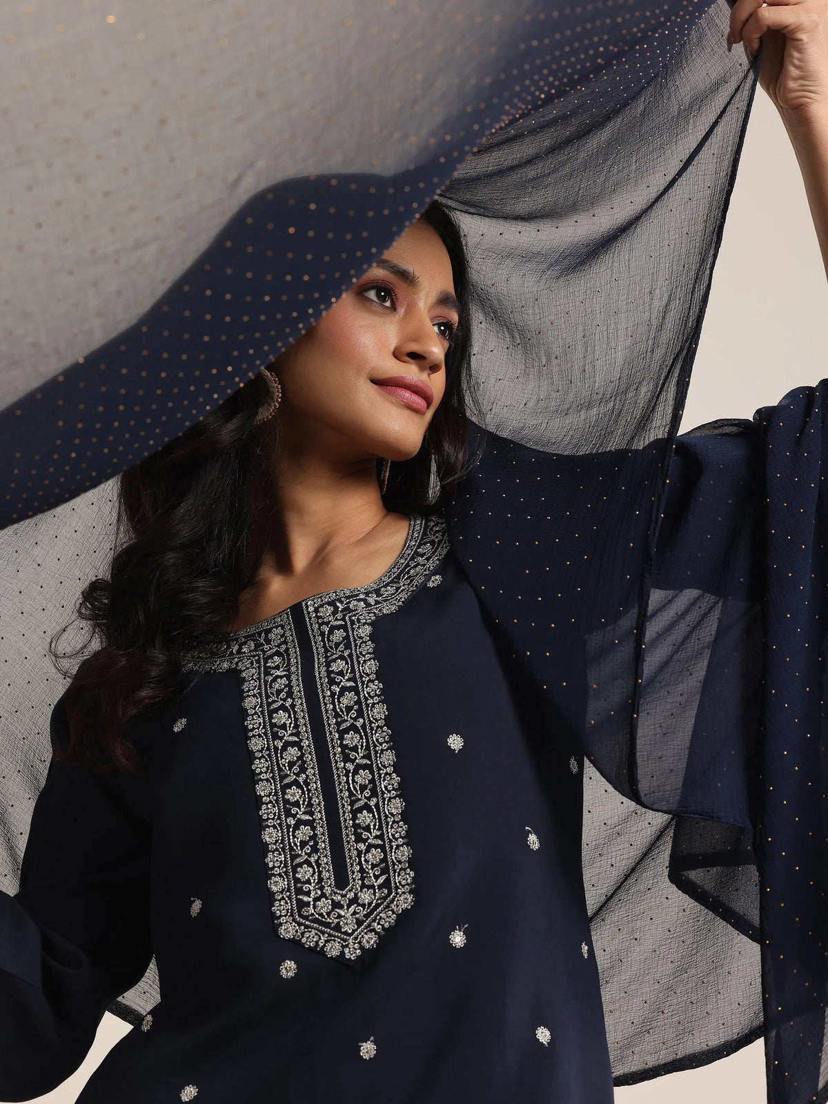 Anouk Navy Embroidered Silk Blend Straight Suits With Dupatta