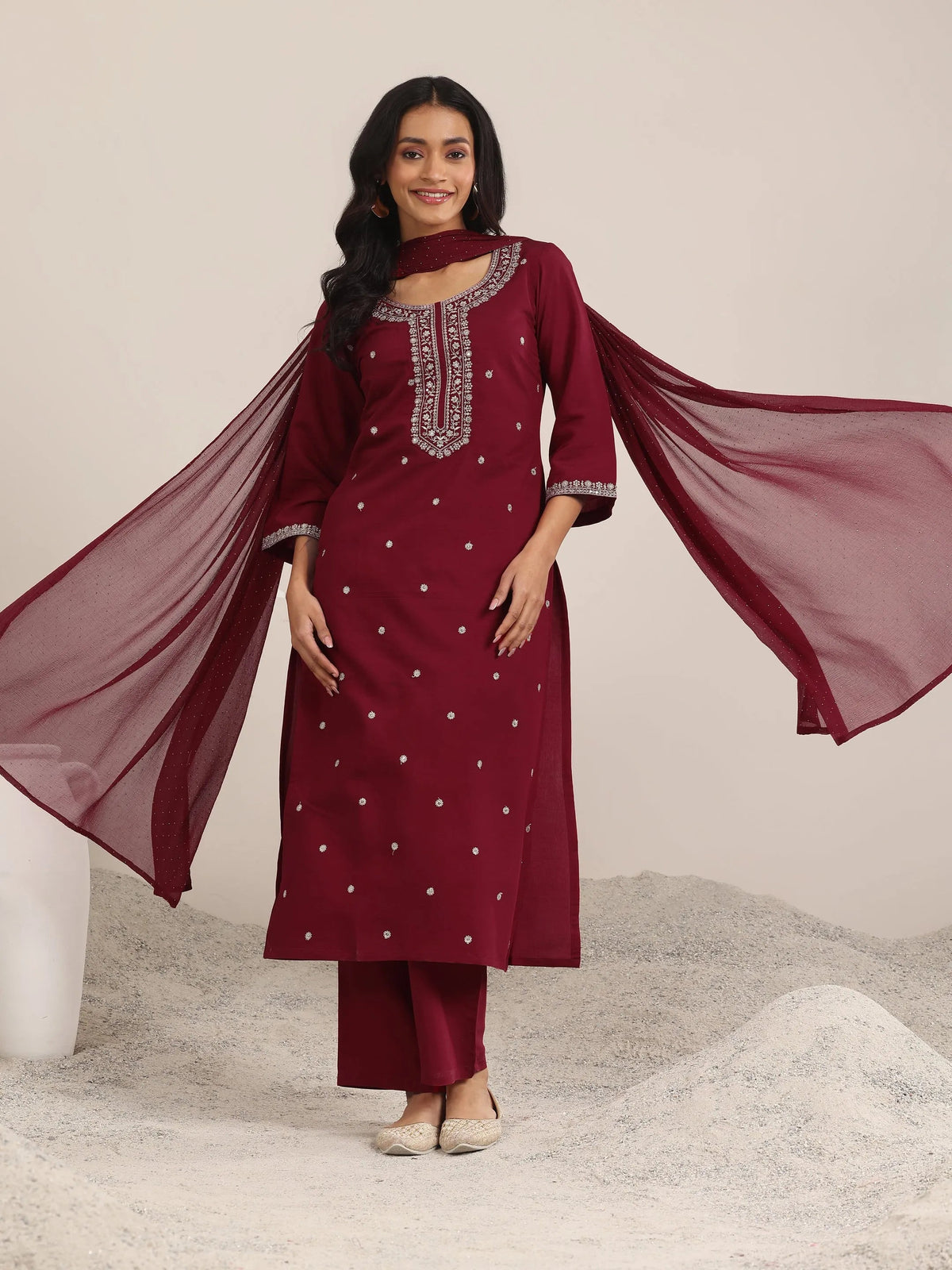 Anouk Maroon Embroidered Silk Blend Straight Suit With Dupatta