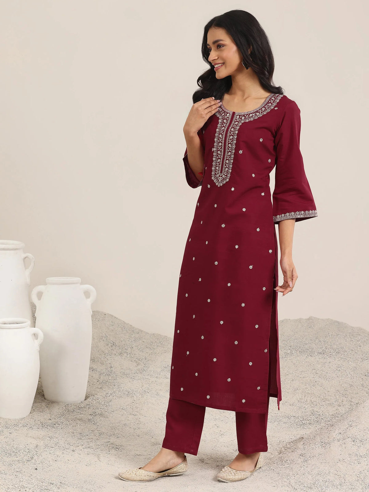 Anouk Maroon Embroidered Silk Blend Straight Suit With Dupatta