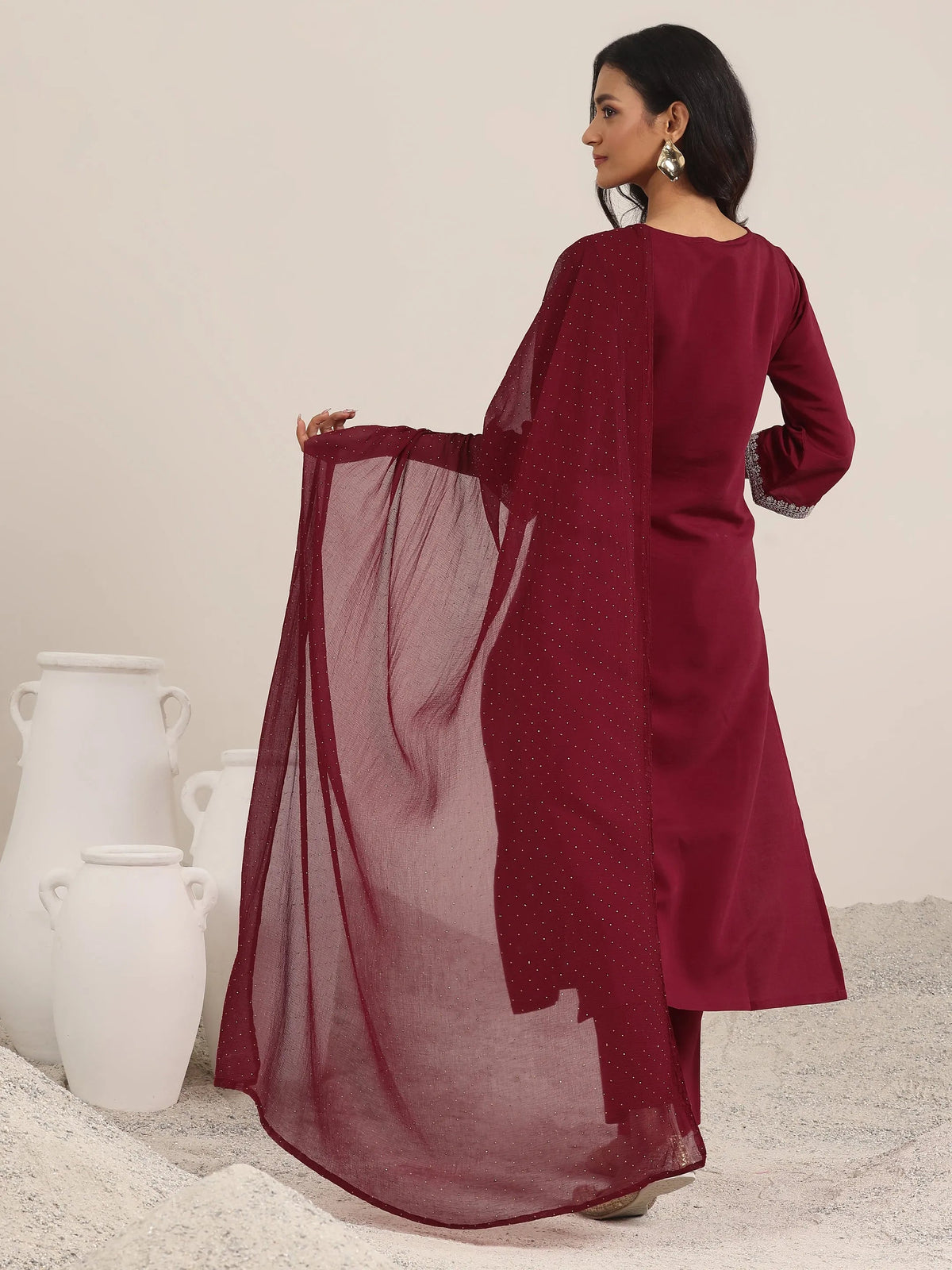 Anouk Maroon Embroidered Silk Blend Straight Suit With Dupatta