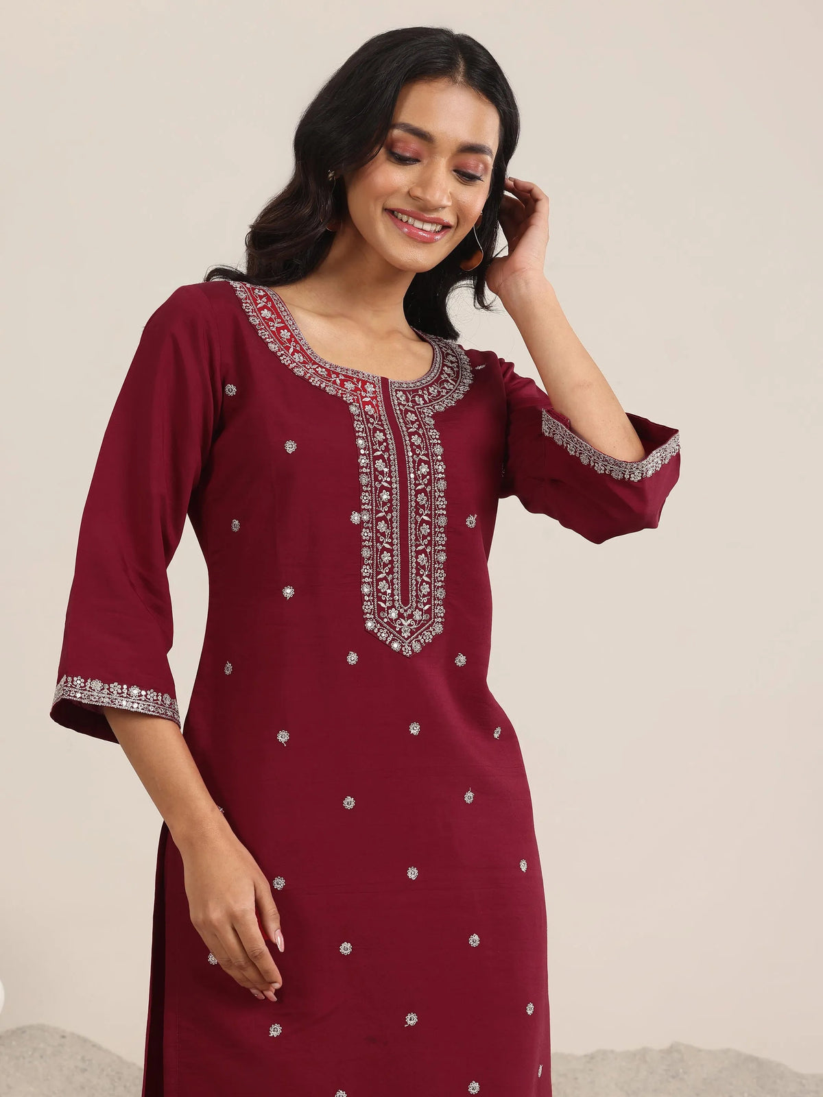 Anouk Maroon Embroidered Silk Blend Straight Suit With Dupatta