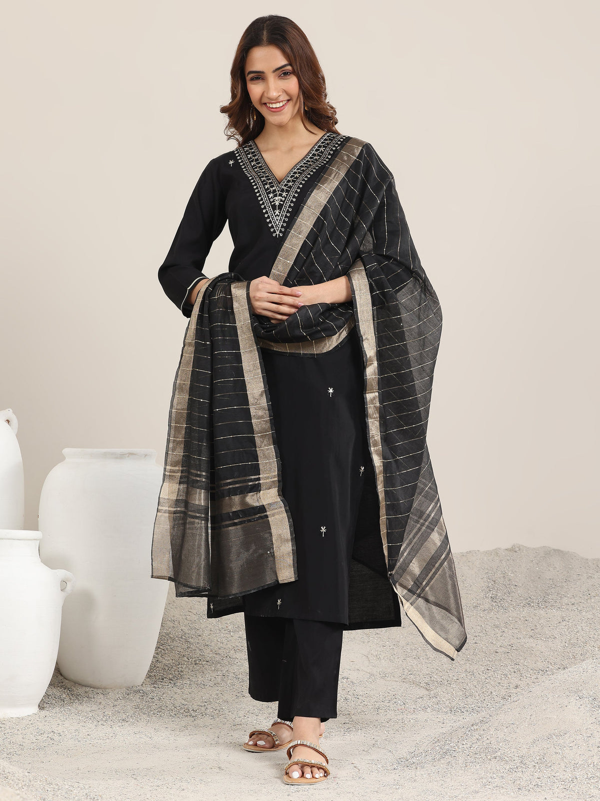 Anouk Black Embroidered Silk Blend Straight Suit With Dupatta