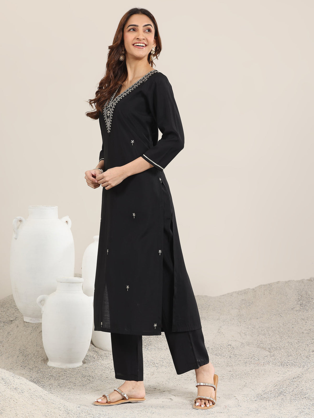Anouk Black Embroidered Silk Blend Straight Suit With Dupatta