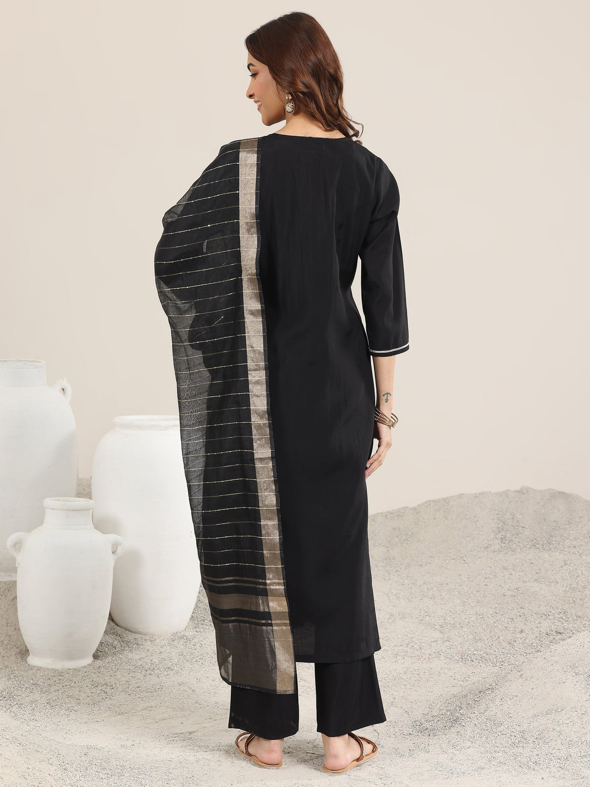 Anouk Black Embroidered Silk Blend Straight Suit With Dupatta