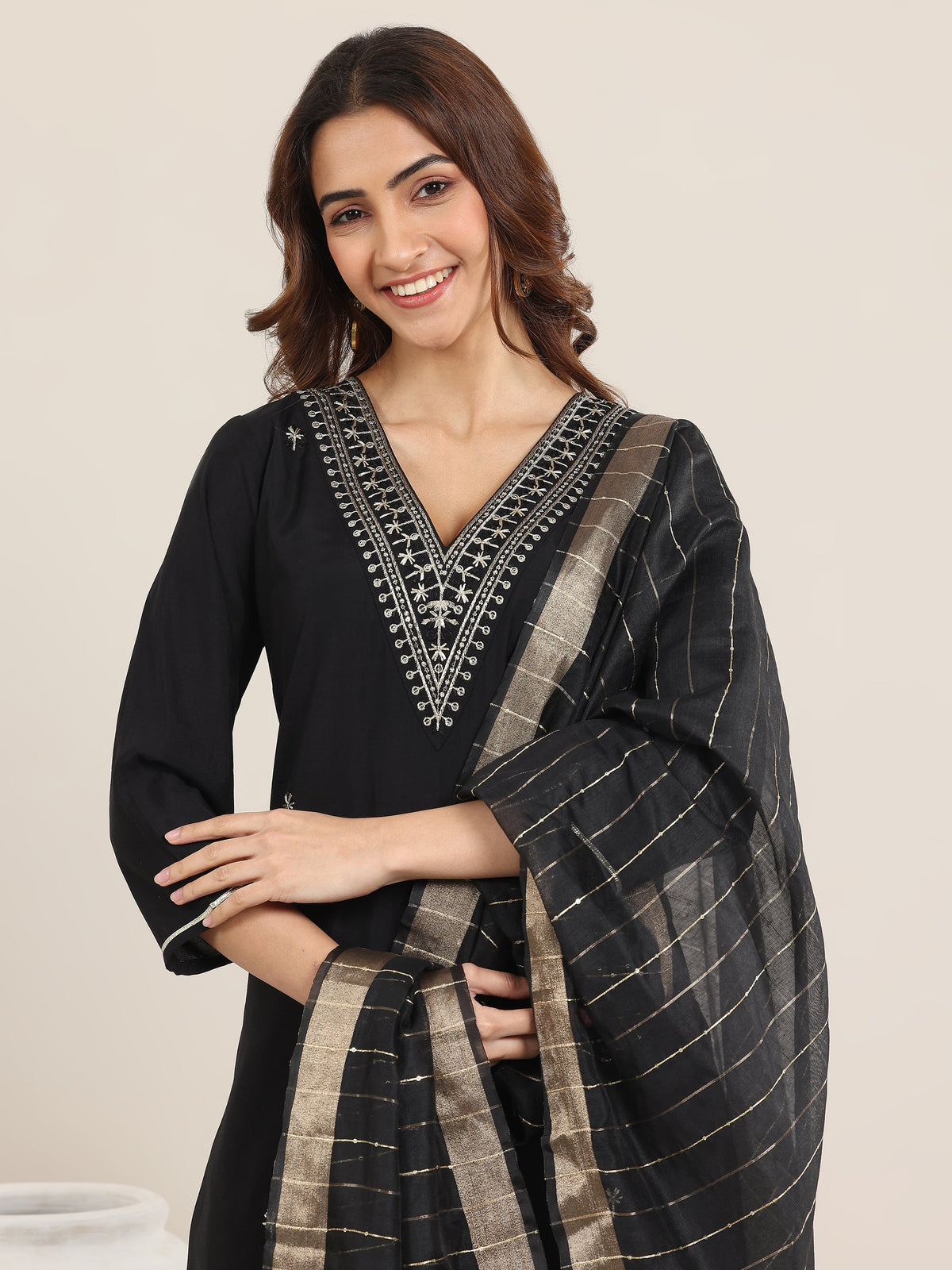 Anouk Black Embroidered Silk Blend Straight Suit With Dupatta