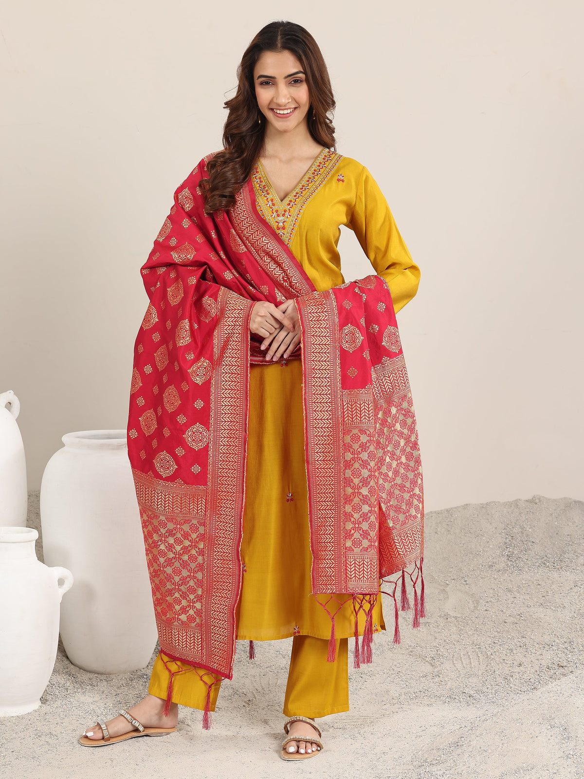 Anouk Mustard Embroidered Silk Blend Straight Suit With Dupatta