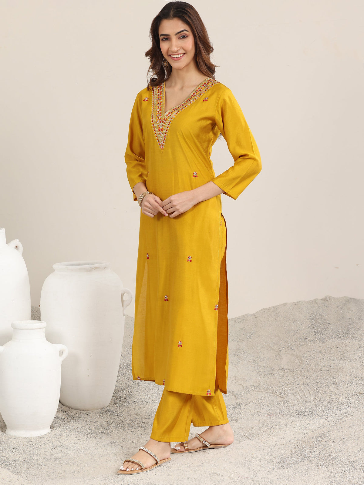 Anouk Mustard Embroidered Silk Blend Straight Suit With Dupatta