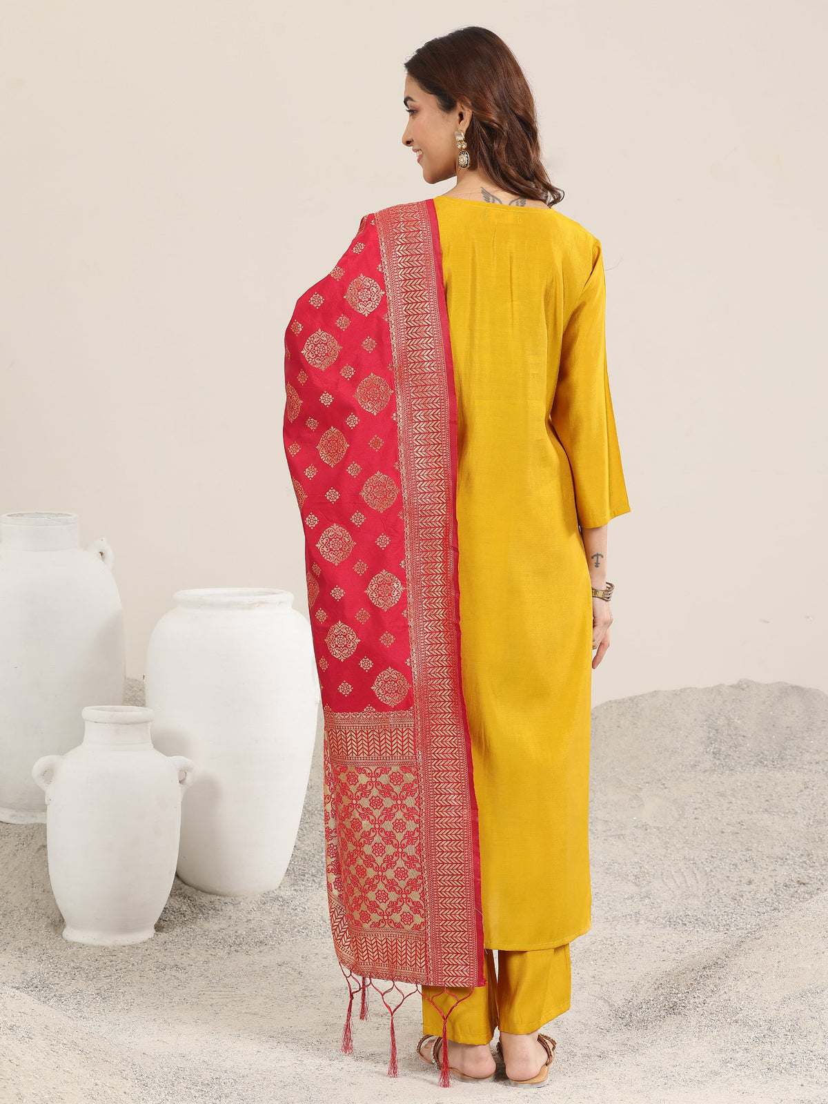 Anouk Mustard Embroidered Silk Blend Straight Suit With Dupatta