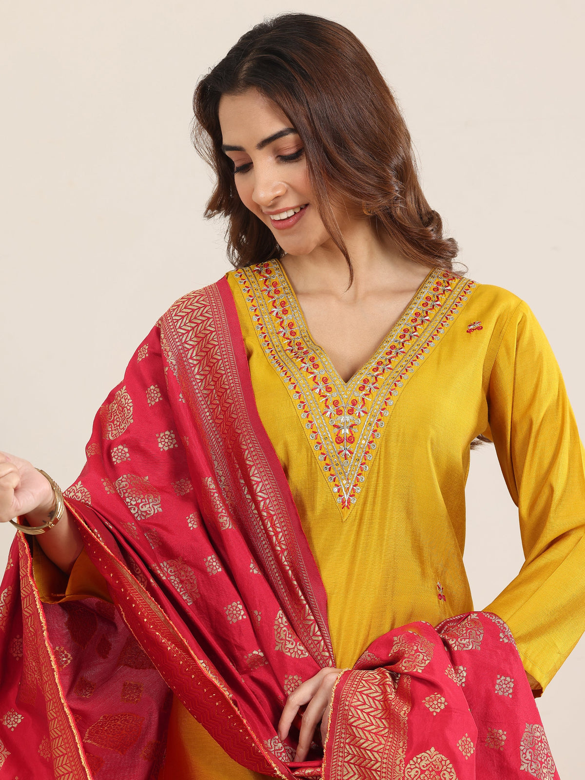Anouk Mustard Embroidered Silk Blend Straight Suit With Dupatta