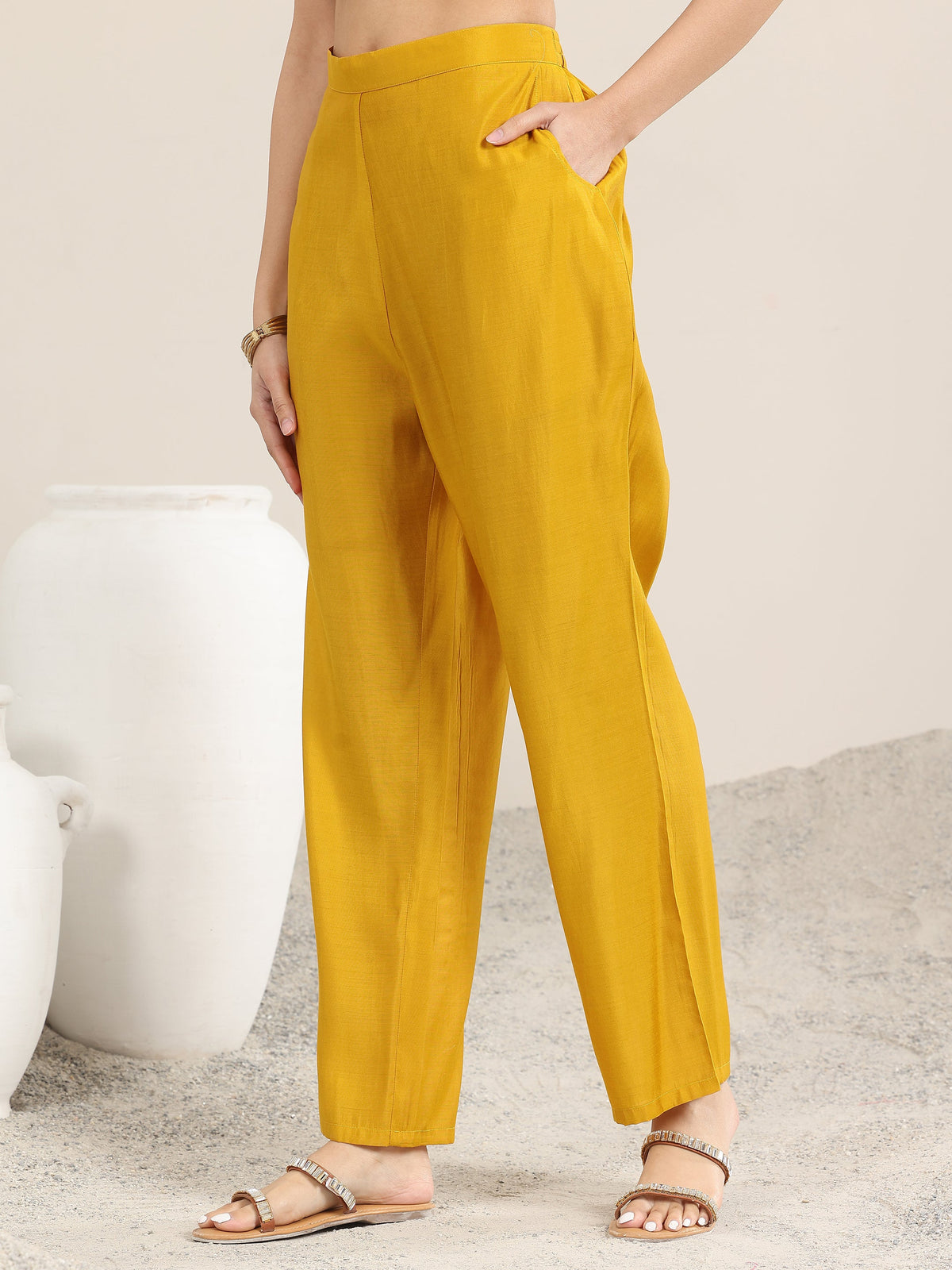 Anouk Mustard Embroidered Silk Blend Straight Suit With Dupatta