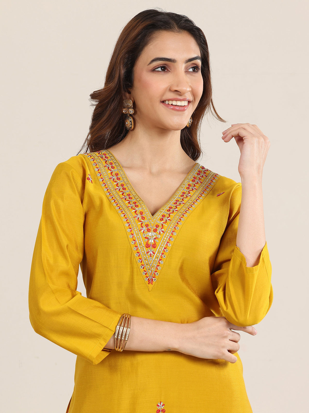 Anouk Mustard Embroidered Silk Blend Straight Suit With Dupatta