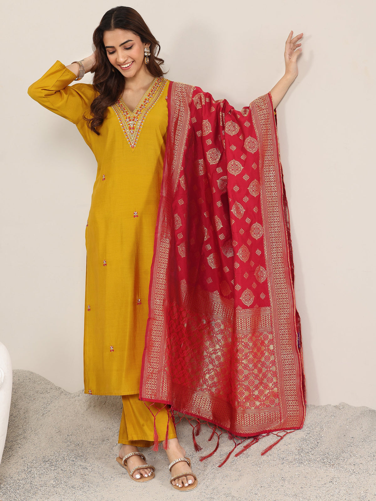 Anouk Mustard Embroidered Silk Blend Straight Suit With Dupatta