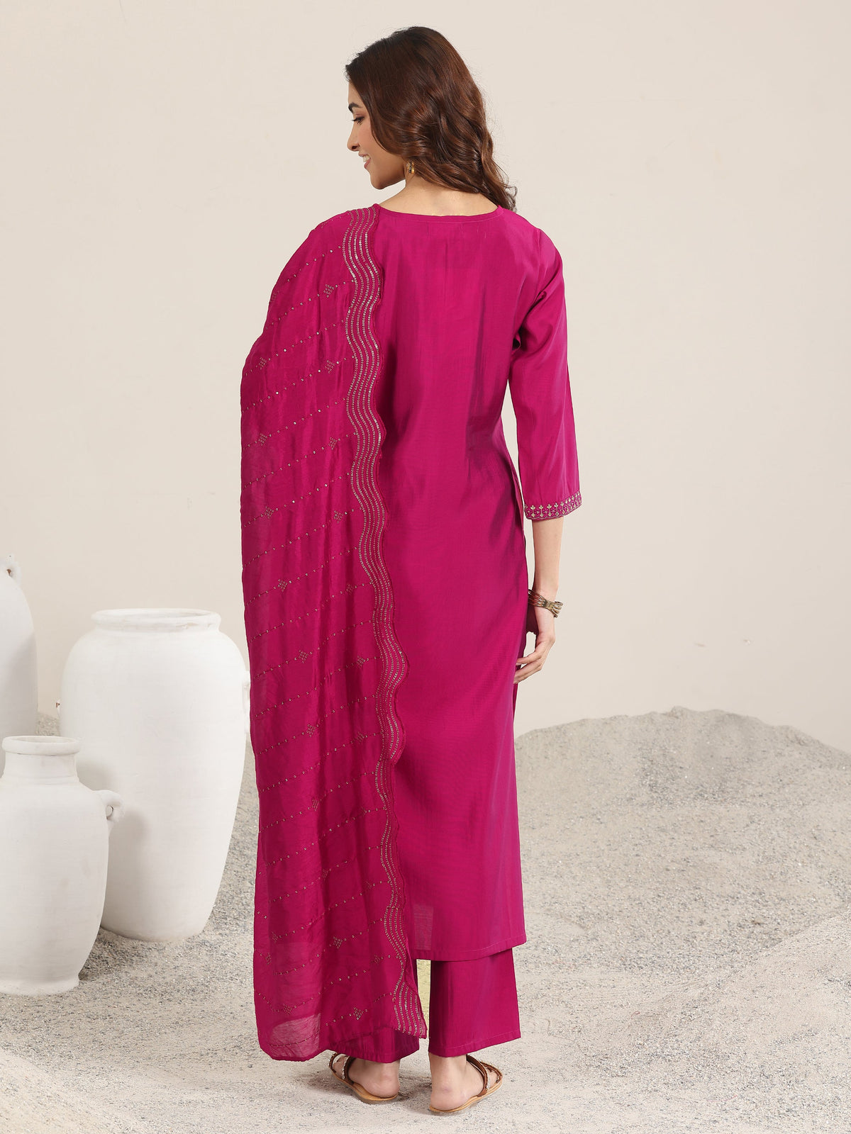 Anouk Burgundy Yoke Design Silk Blend Straight Suit With Dupatta