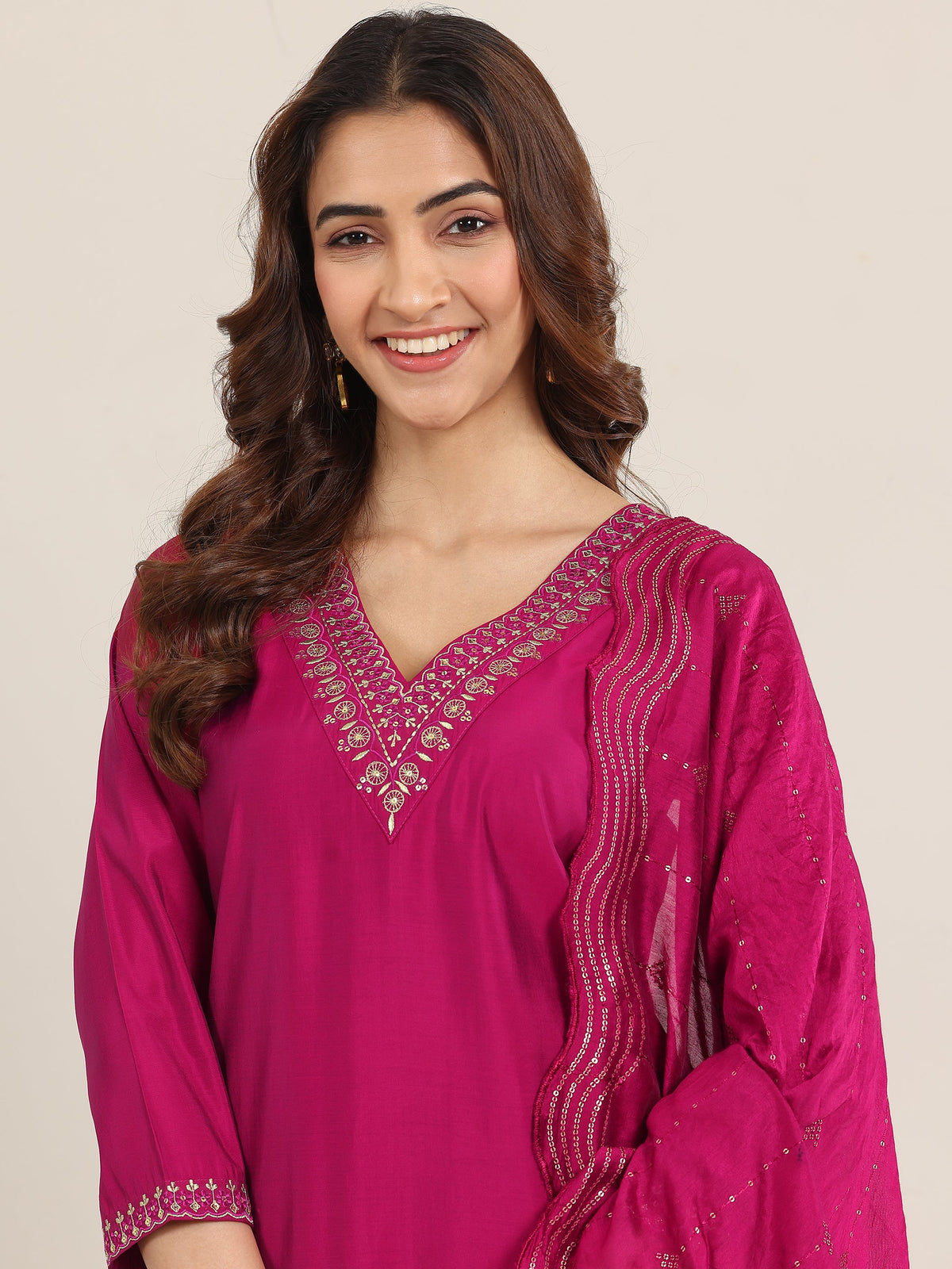 Anouk Burgundy Yoke Design Silk Blend Straight Suit With Dupatta