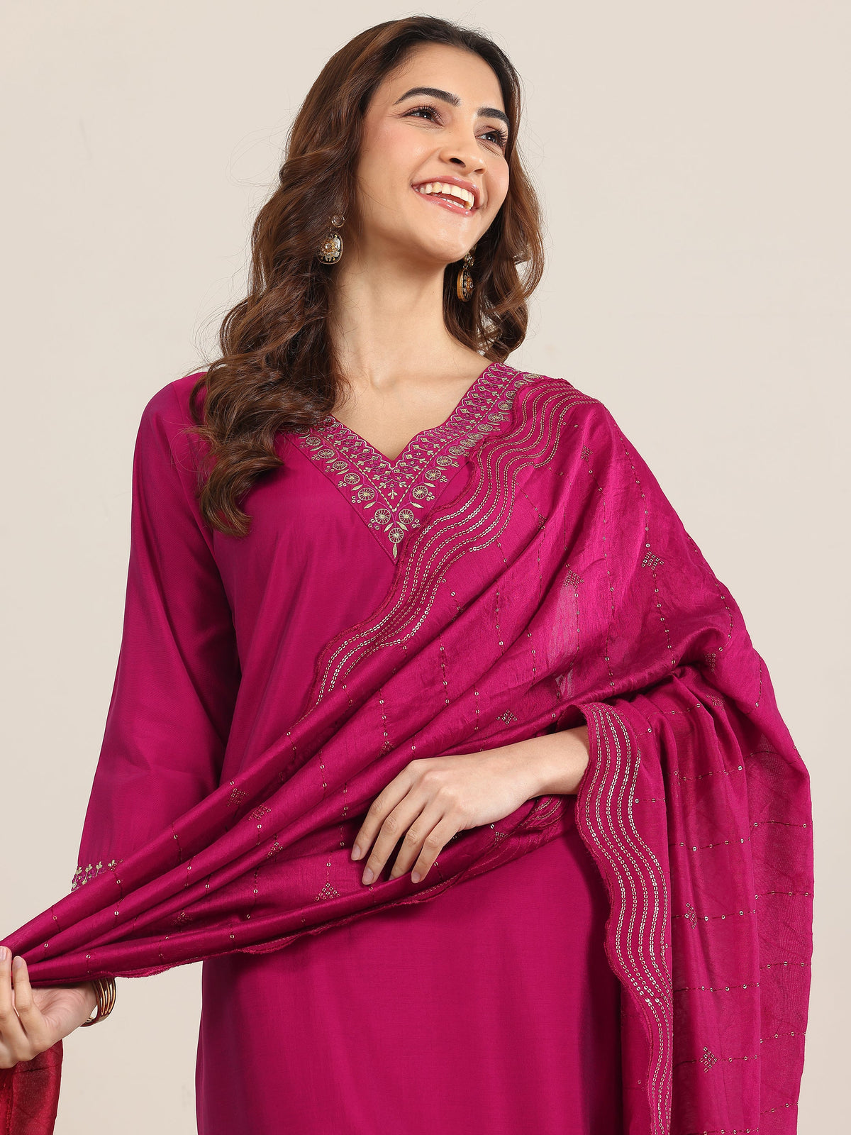 Anouk Burgundy Yoke Design Silk Blend Straight Suit With Dupatta