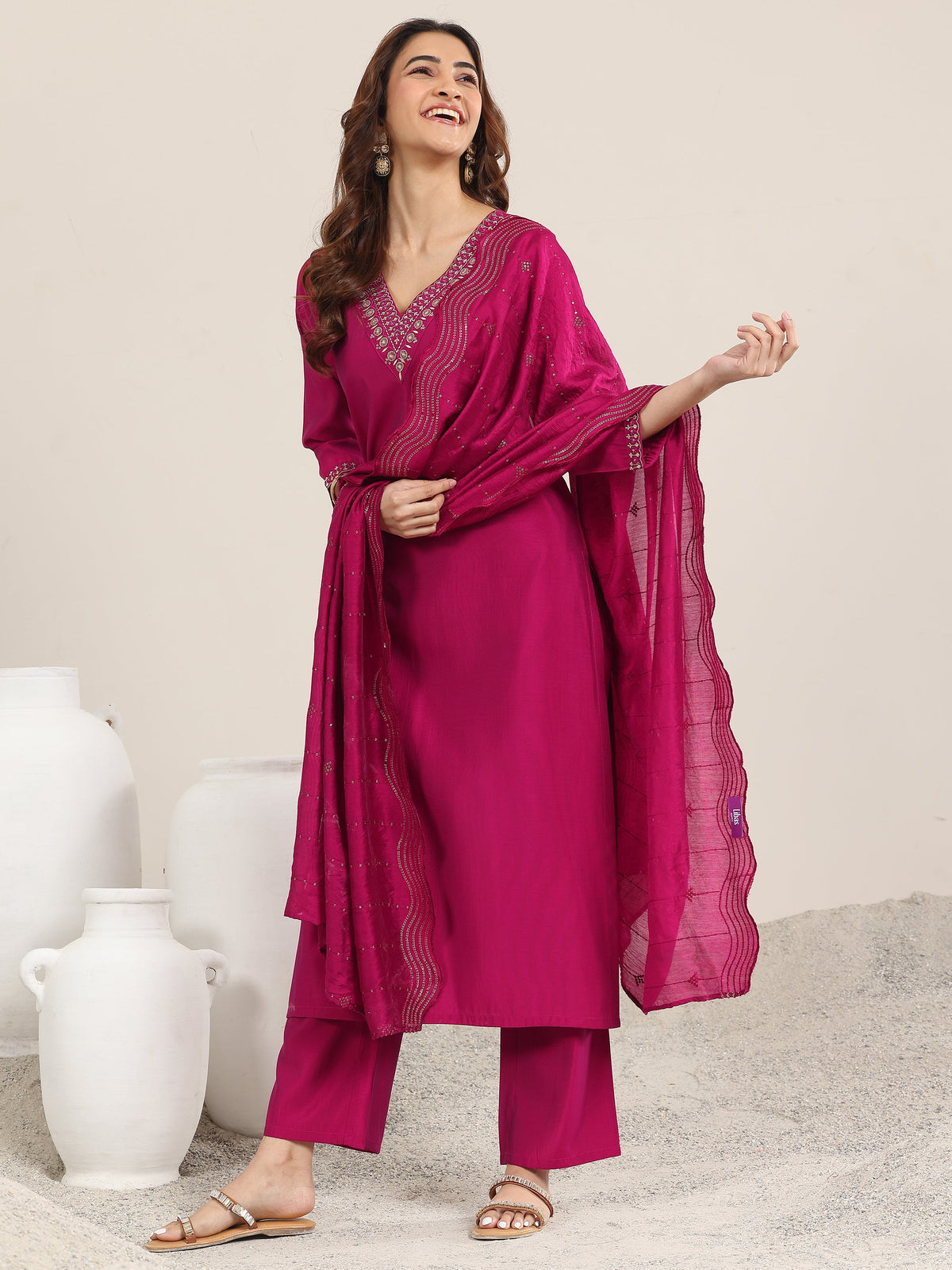 Anouk Burgundy Yoke Design Silk Blend Straight Suit With Dupatta