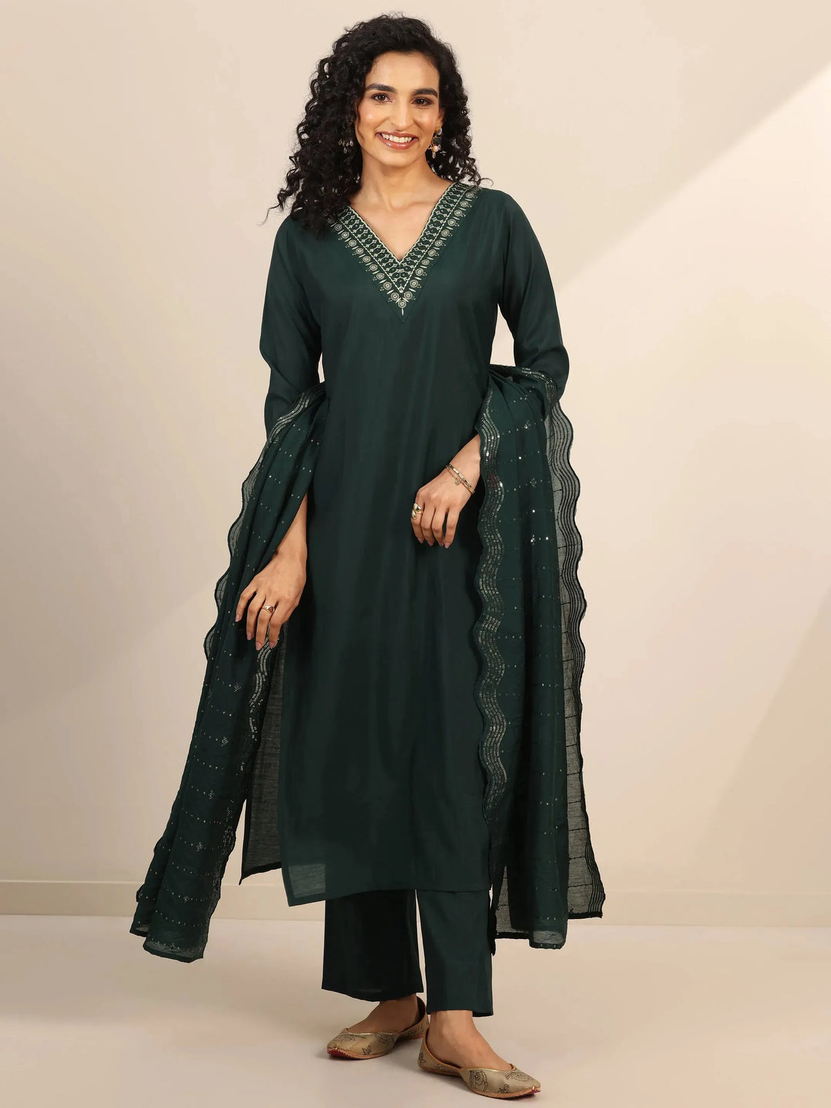 Anouk Teal Yoke Design Silk Blend Straight Suit With Dupatta