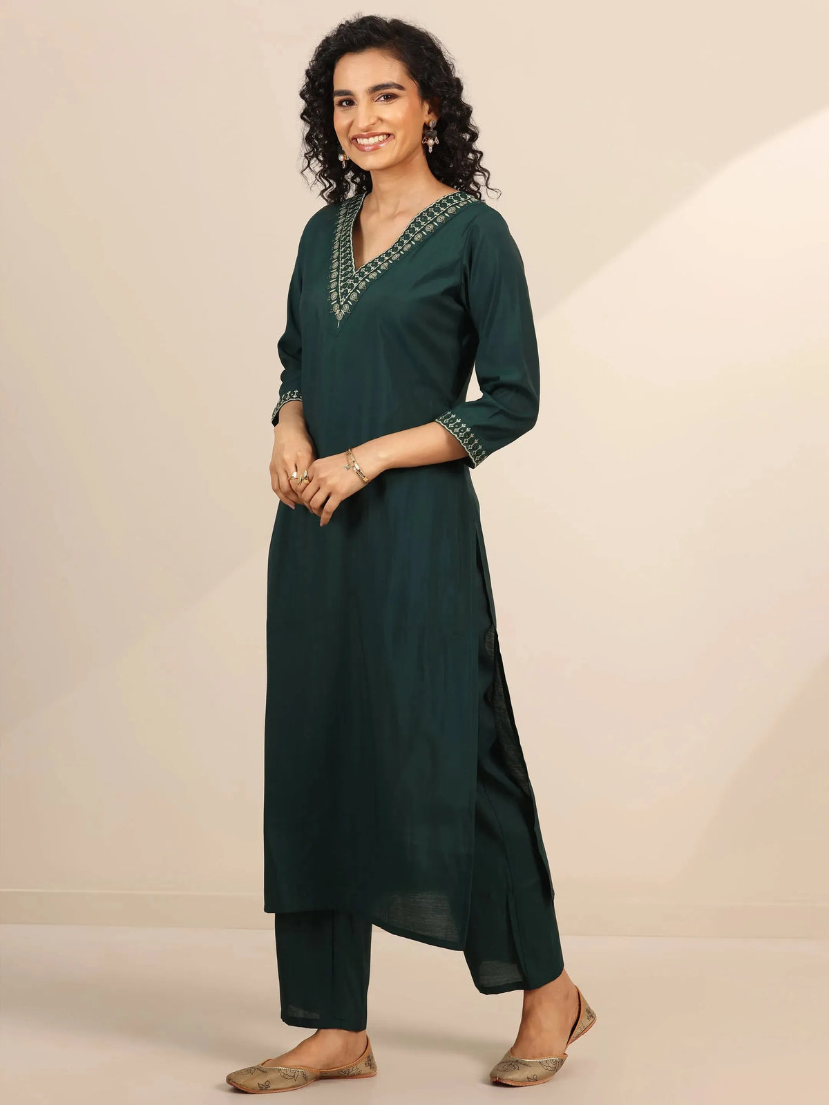 Anouk Teal Yoke Design Silk Blend Straight Suit With Dupatta