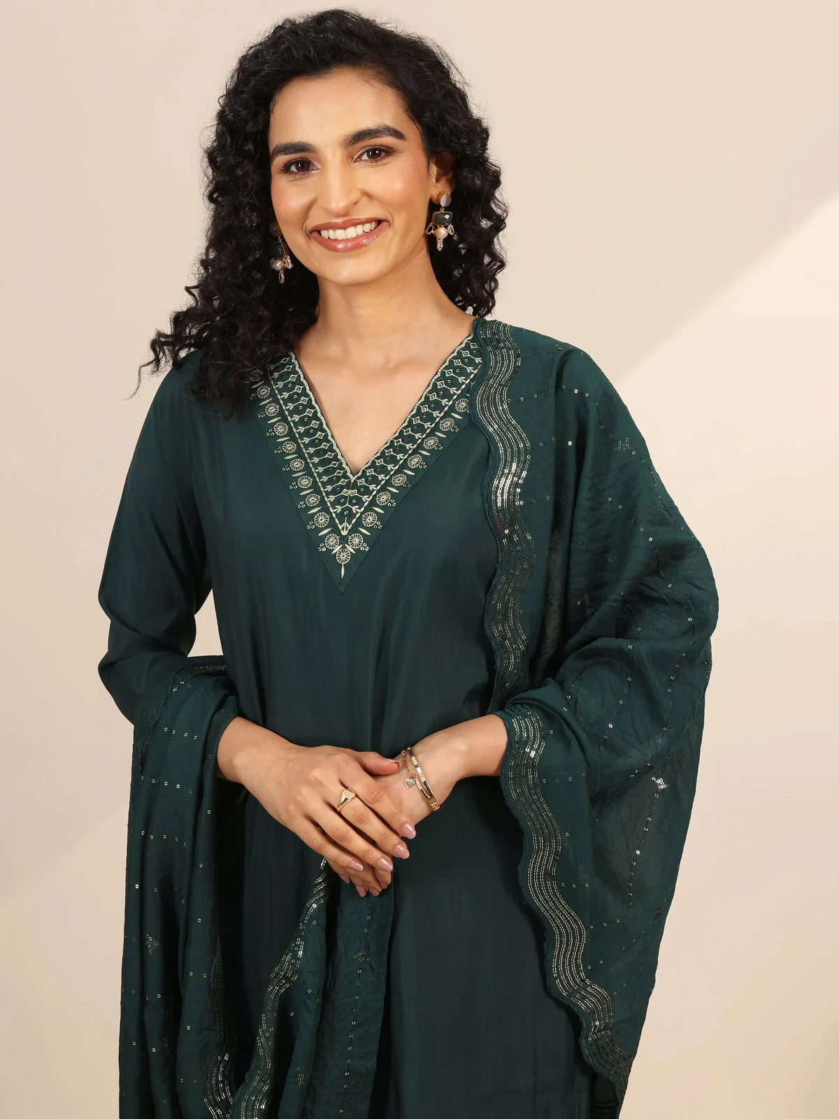 Anouk Teal Yoke Design Silk Blend Straight Suit With Dupatta
