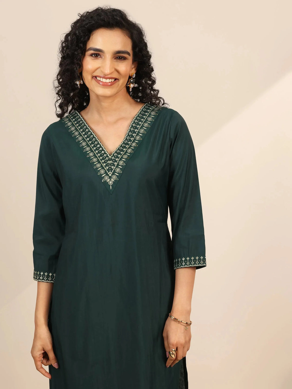 Anouk Teal Yoke Design Silk Blend Straight Suit With Dupatta