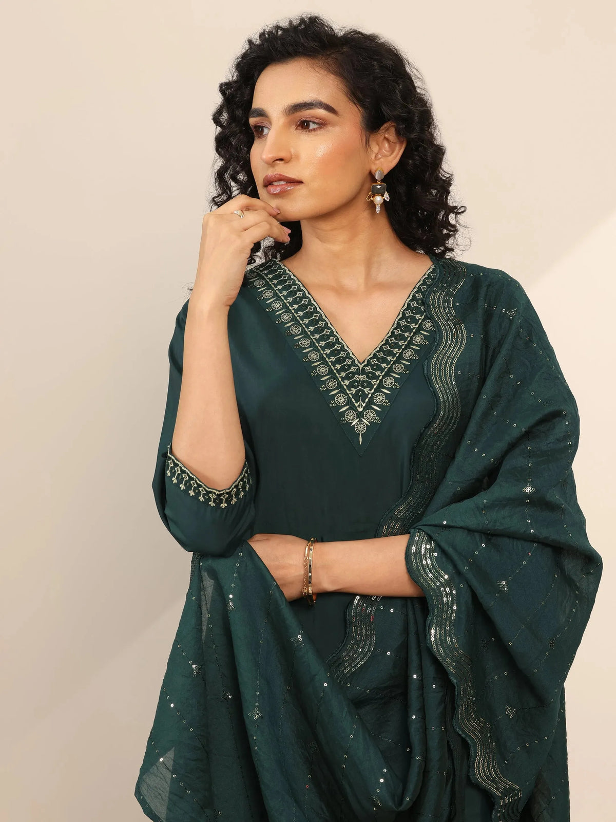 Anouk Teal Yoke Design Silk Blend Straight Suit With Dupatta