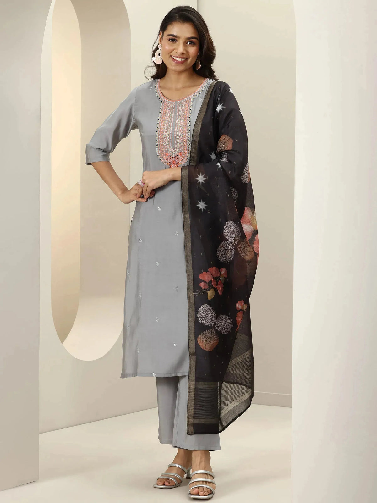 Anouk Grey Embroidered Silk Blend Straight Suit Sets With Dupatta