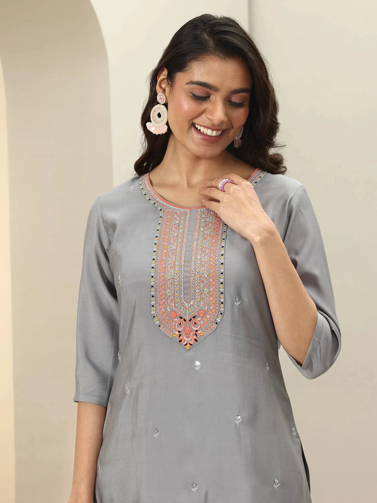 Anouk Grey Embroidered Silk Blend Straight Suit Sets With Dupatta