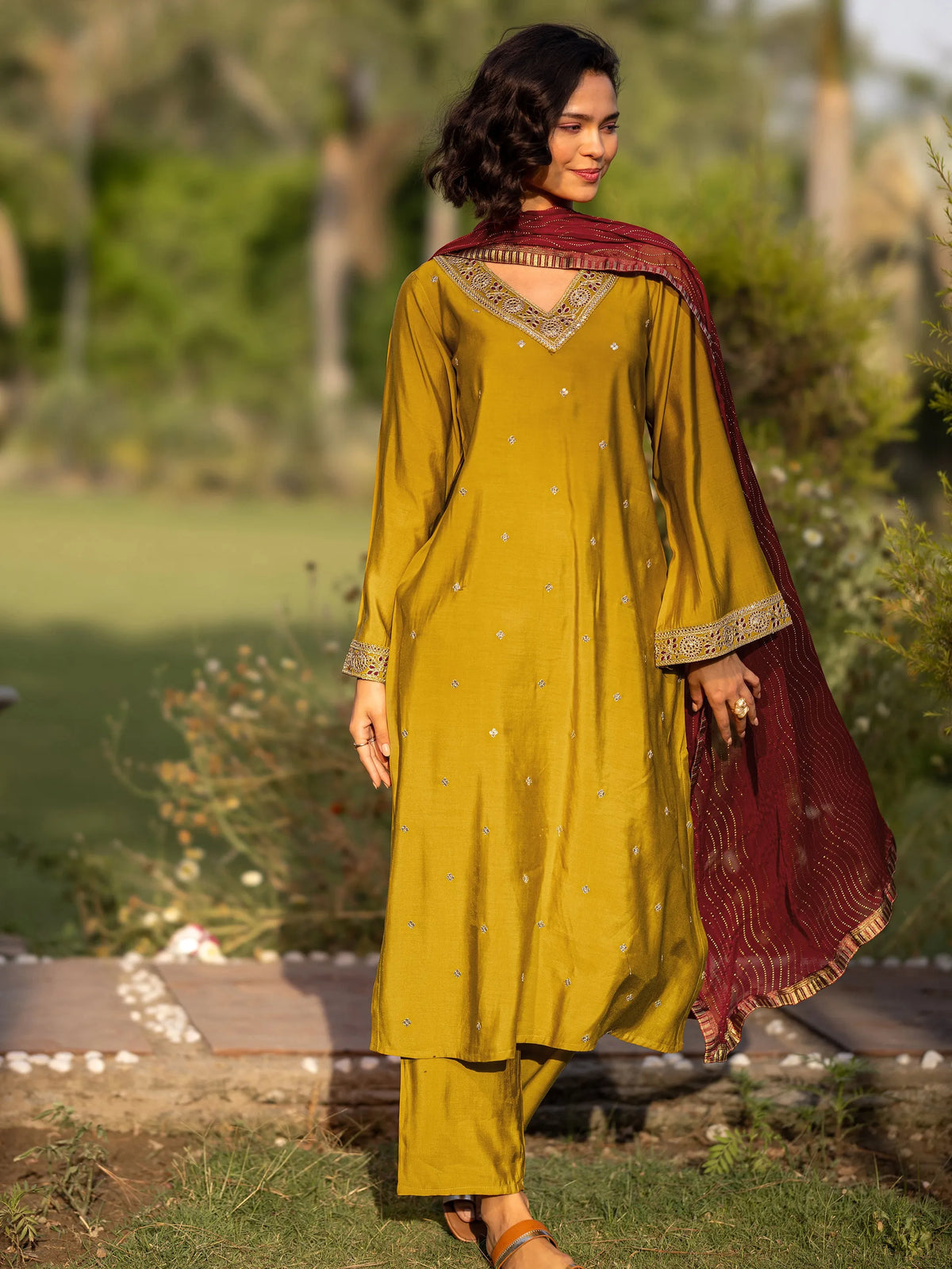 Anouk Mustard Embroidered Silk Blend Straight Suit Sets With Dupatta