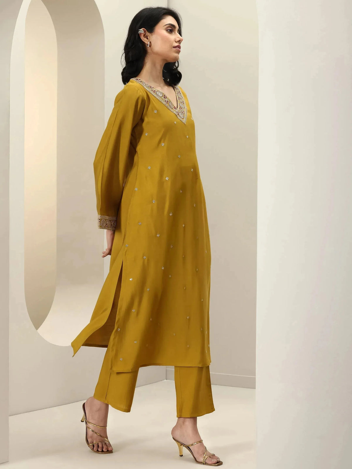 Anouk Mustard Embroidered Silk Blend Straight Suit Sets With Dupatta