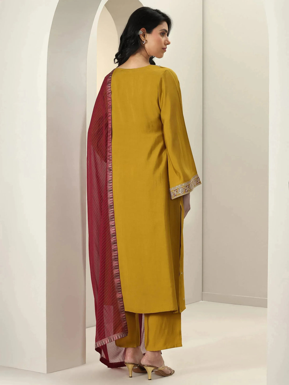 Anouk Mustard Embroidered Silk Blend Straight Suit Sets With Dupatta